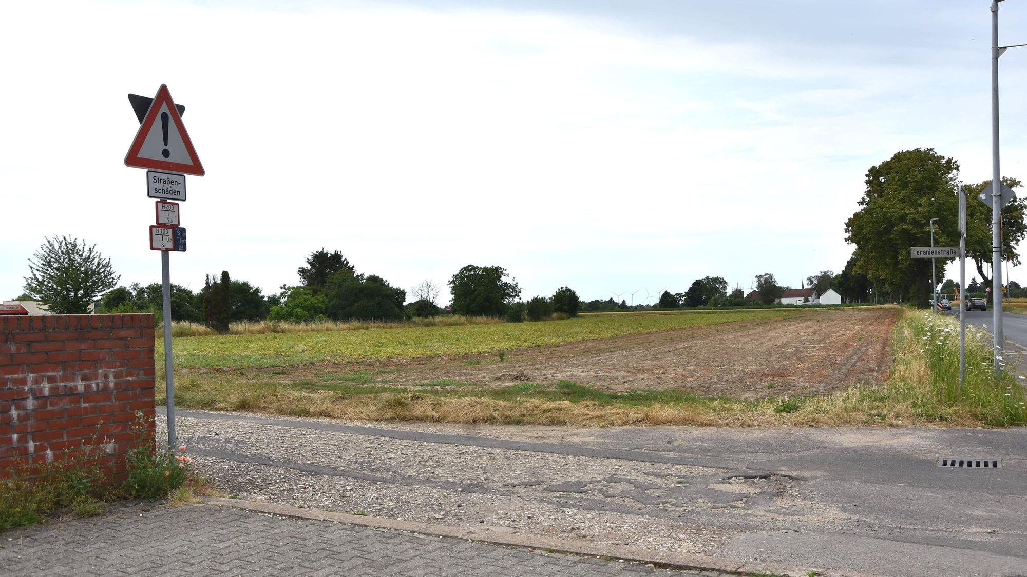 Zu sehen ist eine marode Straße, im Hintergrund ein Acker.
