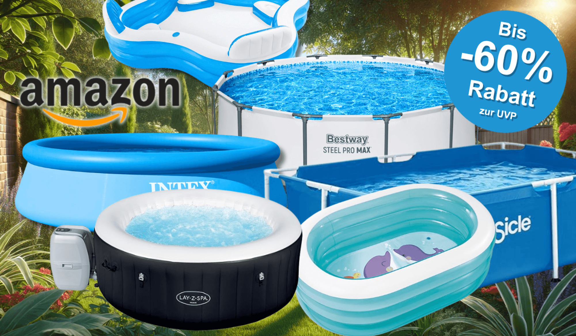 Auf dem Bild ist eine Collage aus Pools, Whirlpools und Planschbecken zu sehen, die den Sale bei Amazon ankurbeln.