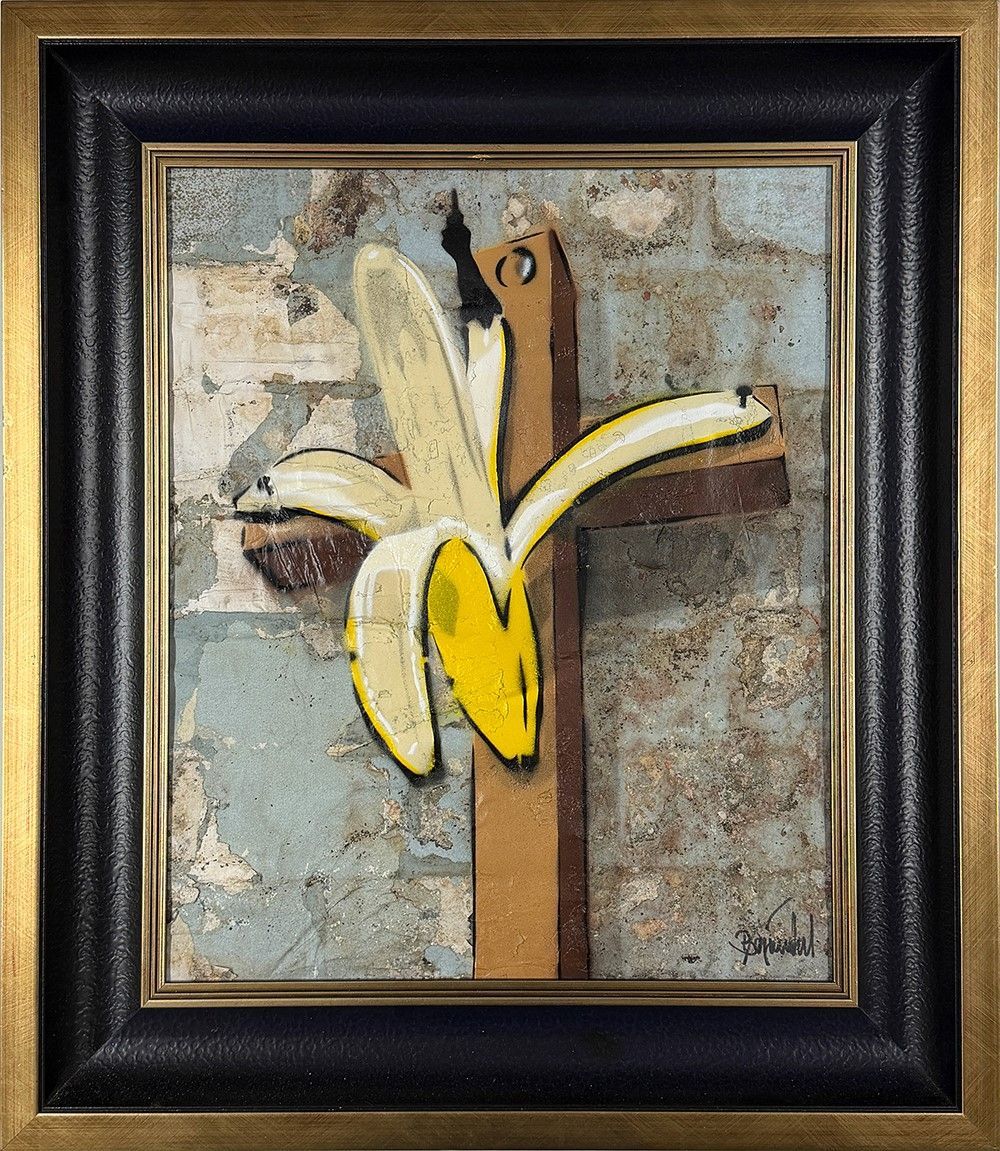 Ein Kruzifix mit einer Banane anstelle des Heilands.