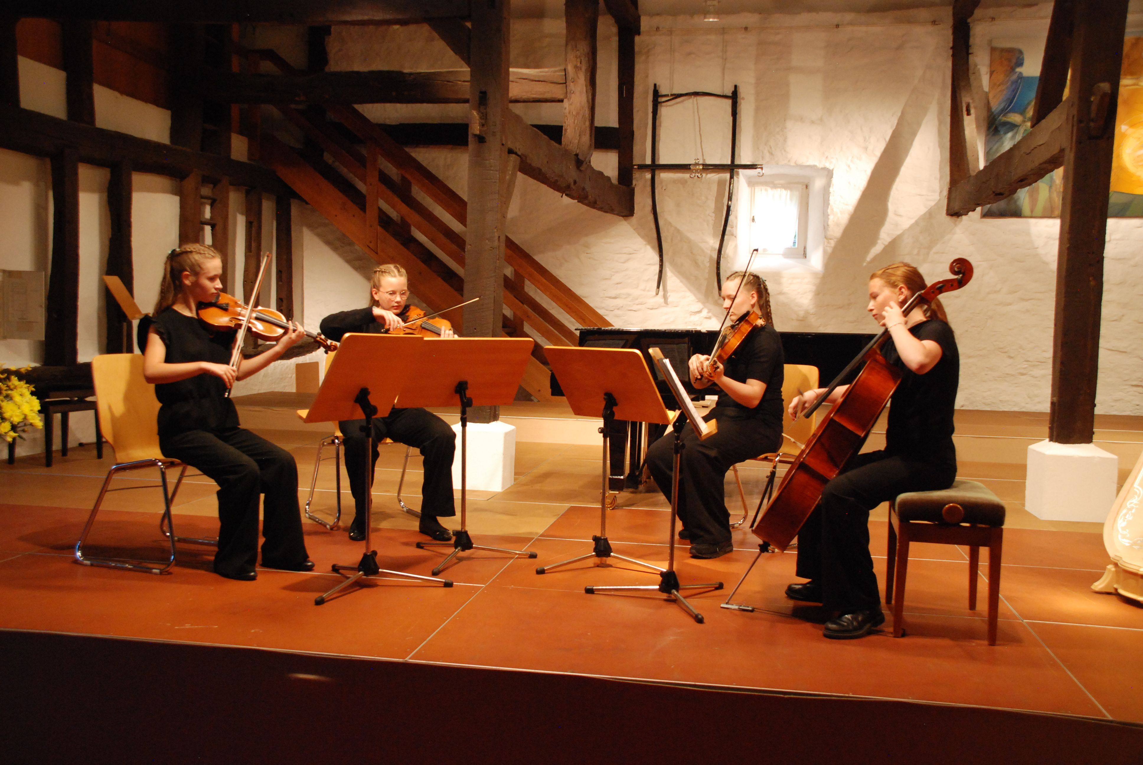 Die vier Musikerinnen sitzen hinter Notenständern und spielen auf ihren Streichinstrumenten.