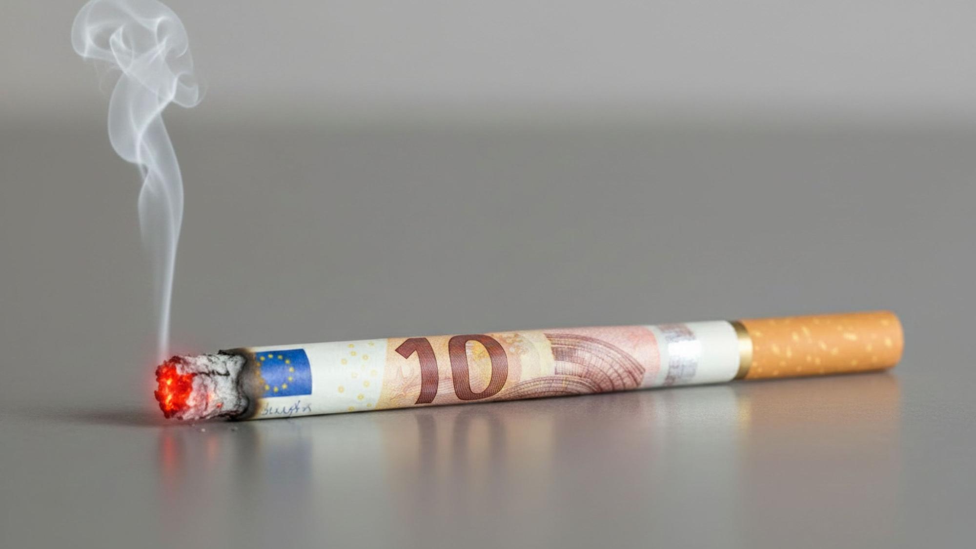 Symbolbild Tabaksteuer - brennende Zigarette, die aussieht wie ein Euro-Schein