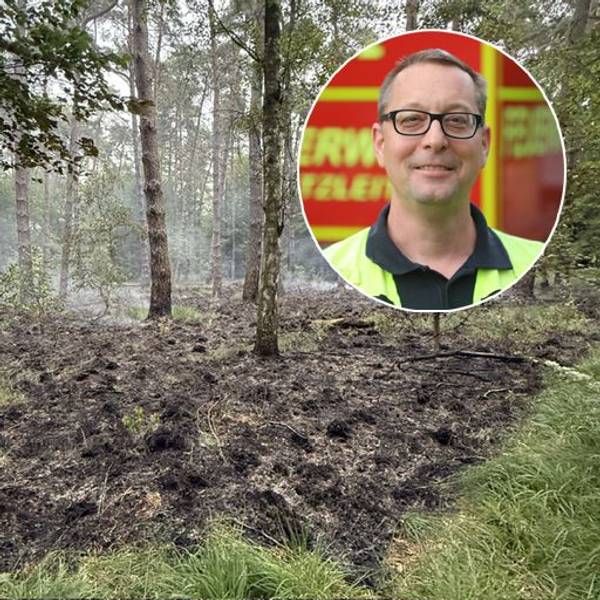 Das am Montag und Dienstag (6./7. Juli) abgebrannte Waldstück und ein montiertes Porträt von Rösraths Feuerwehrchef und Einsatzleiter Bastian Eltner.