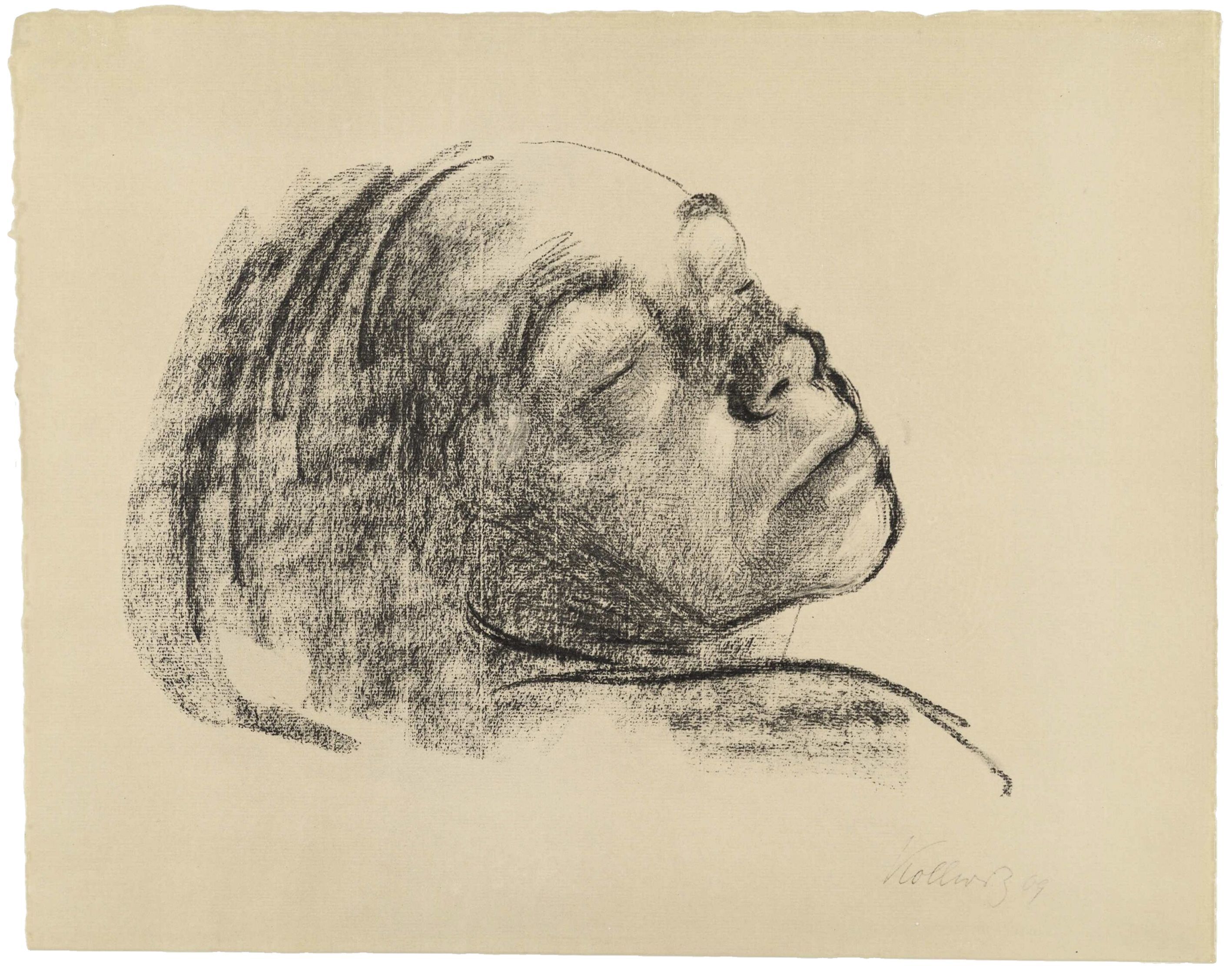 Selbstbildnis von Käthe Kollwitz mit geschlossenen Augen, nach hinten geneigt