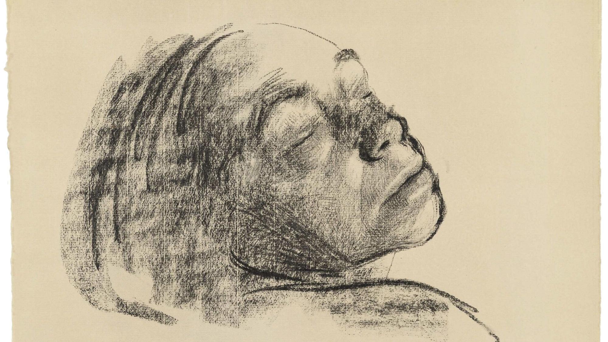 Selbstbildnis von Käthe Kollwitz mit geschlossenen Augen, nach hinten geneigt