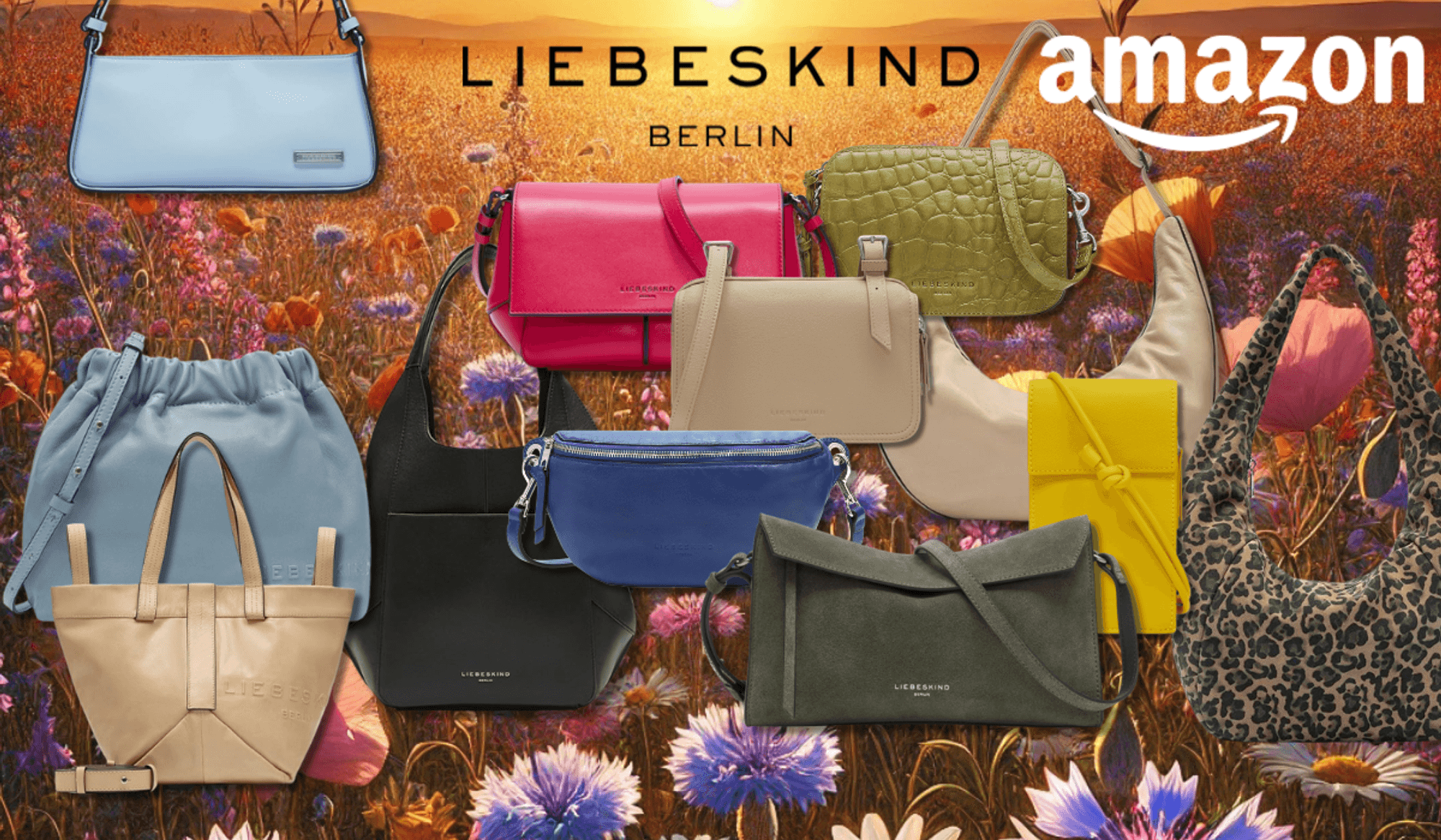 Verschiedene Liebeskind Berlin Taschen vor einem sommerlichen Hintergrund.