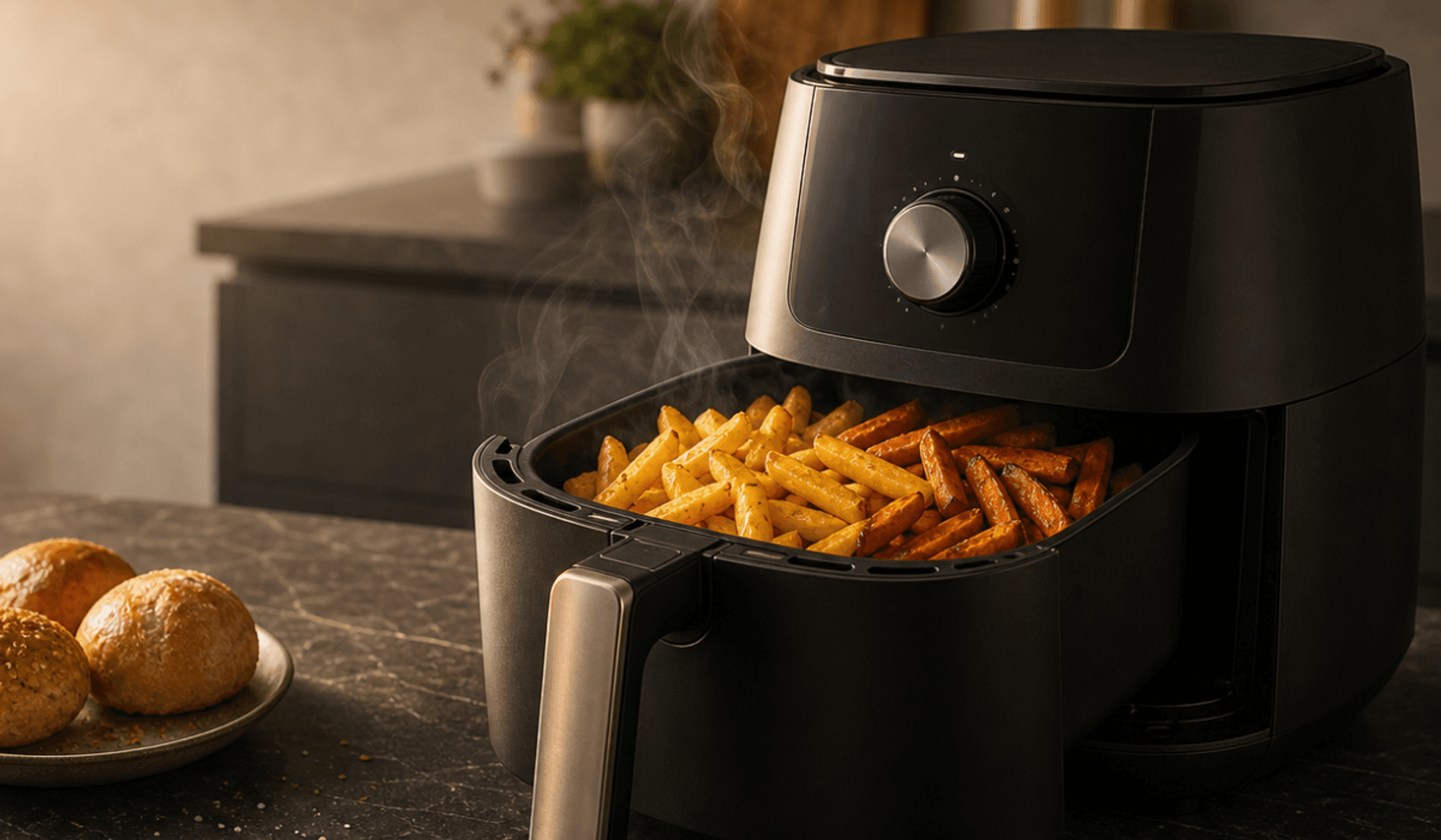 Ein schwarzer Airfryer steht auf einer dunklen Küchenarbeitsplatte, der Korb ist halb herausgezogen und gefüllt mit goldbraunen Pommes und Süßkartoffel-Sticks. Daneben liegen aufgebackene Brötchen auf einem kleinen Teller. Warmes, weiches Licht von links; der Hintergrund ist leicht unscharf, oben links bleibt viel freie Fläche für eine Überschrift.