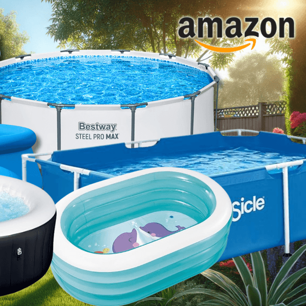 Auf dem Bild ist eine Collage aus Pools, Whirlpools und Planschbecken zu sehen, die den Sale bei Amazon ankurbeln.