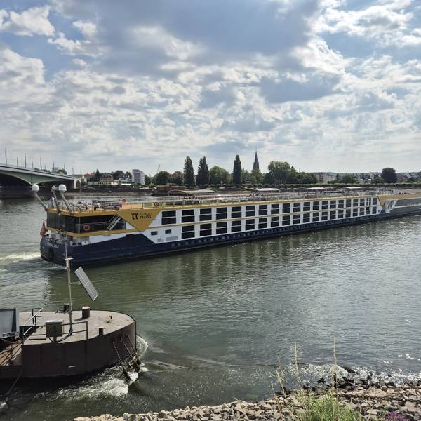Das Schiff Thurgau Gold liegt quer auf dem Rhein auf einer Sandbank auf.