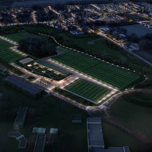 Eine Visualisierung des Bayer04-Campus im Monheimer Süden bei Nacht.