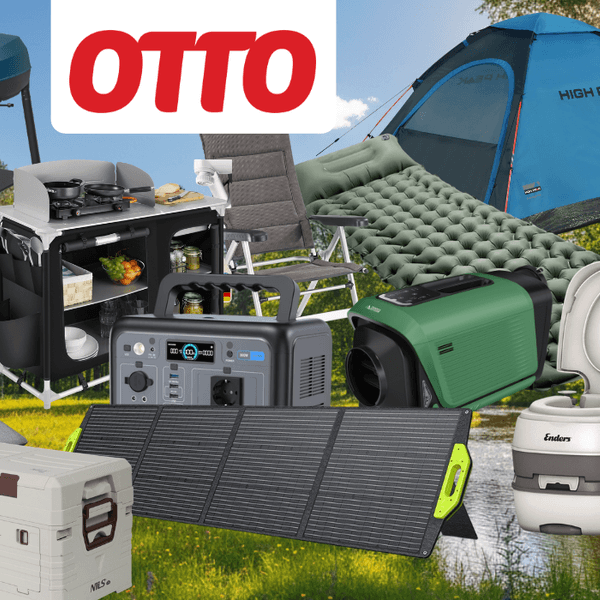 Produktcollage zum OTTO Camping-Sale mit blauem Rabatt-Button „Bis -73% zur UVP" und OTTO-Logo. Zu sehen sind verschiedene Camping-Produkte, darunter ein High Peak Kuppelzelt, ein faltbarer Campingstuhl, ein Klapptisch, eine mobile Campingküche, ein Gasgrill, eine selbstaufblasbare Isomatte, ein Feldbett, eine Camping-Klimaanlage, eine Powerstation von OUKITEL, ein faltbares Solarpanel, eine Kühlbox von NILS sowie eine portable Toilette von Enders – alles vor einem sommerlichen Waldwiesen-Hintergrund.