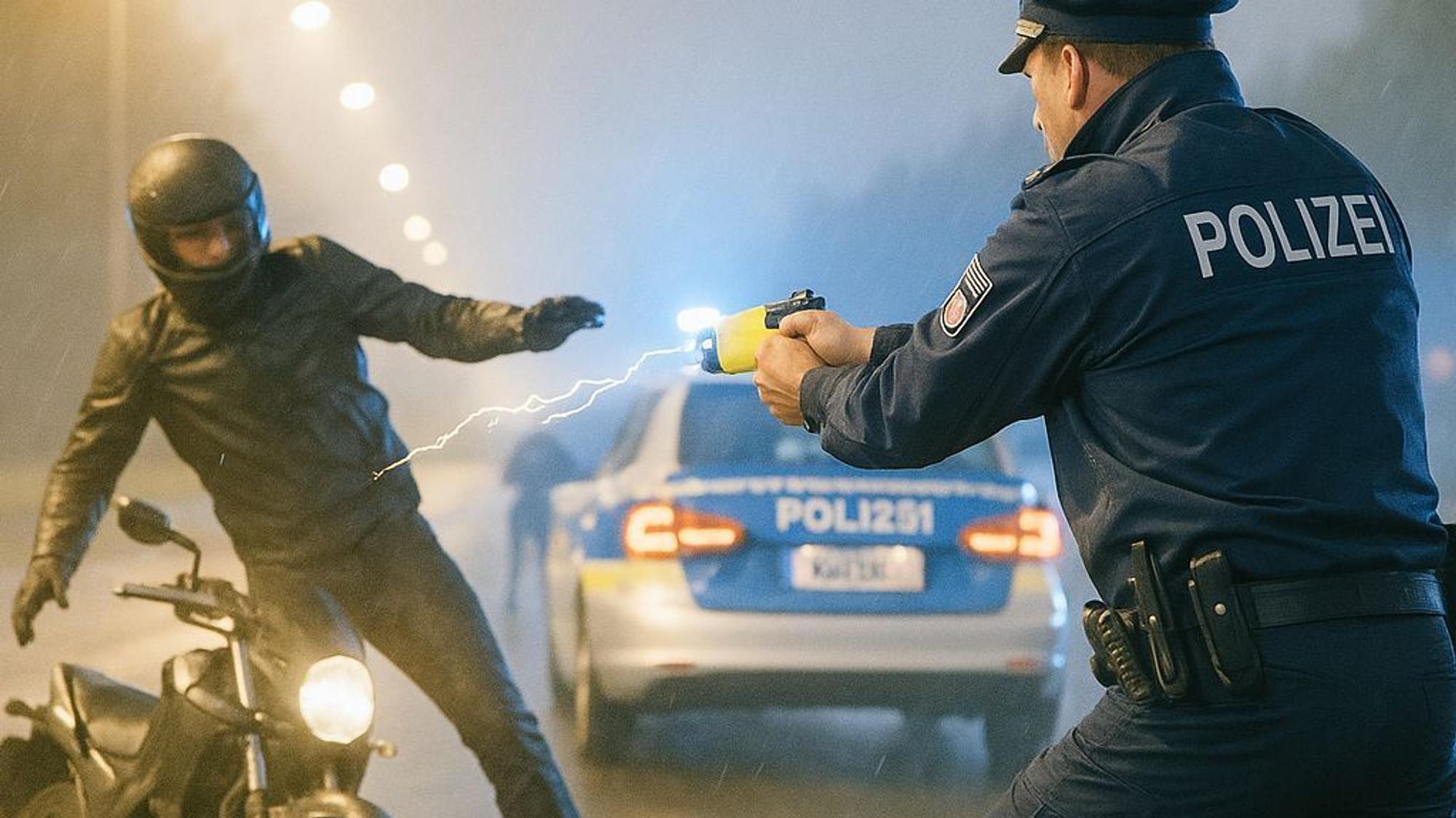 Dieses KI-generierte Bild stellt eine Festnahme mit einem Taser nach.