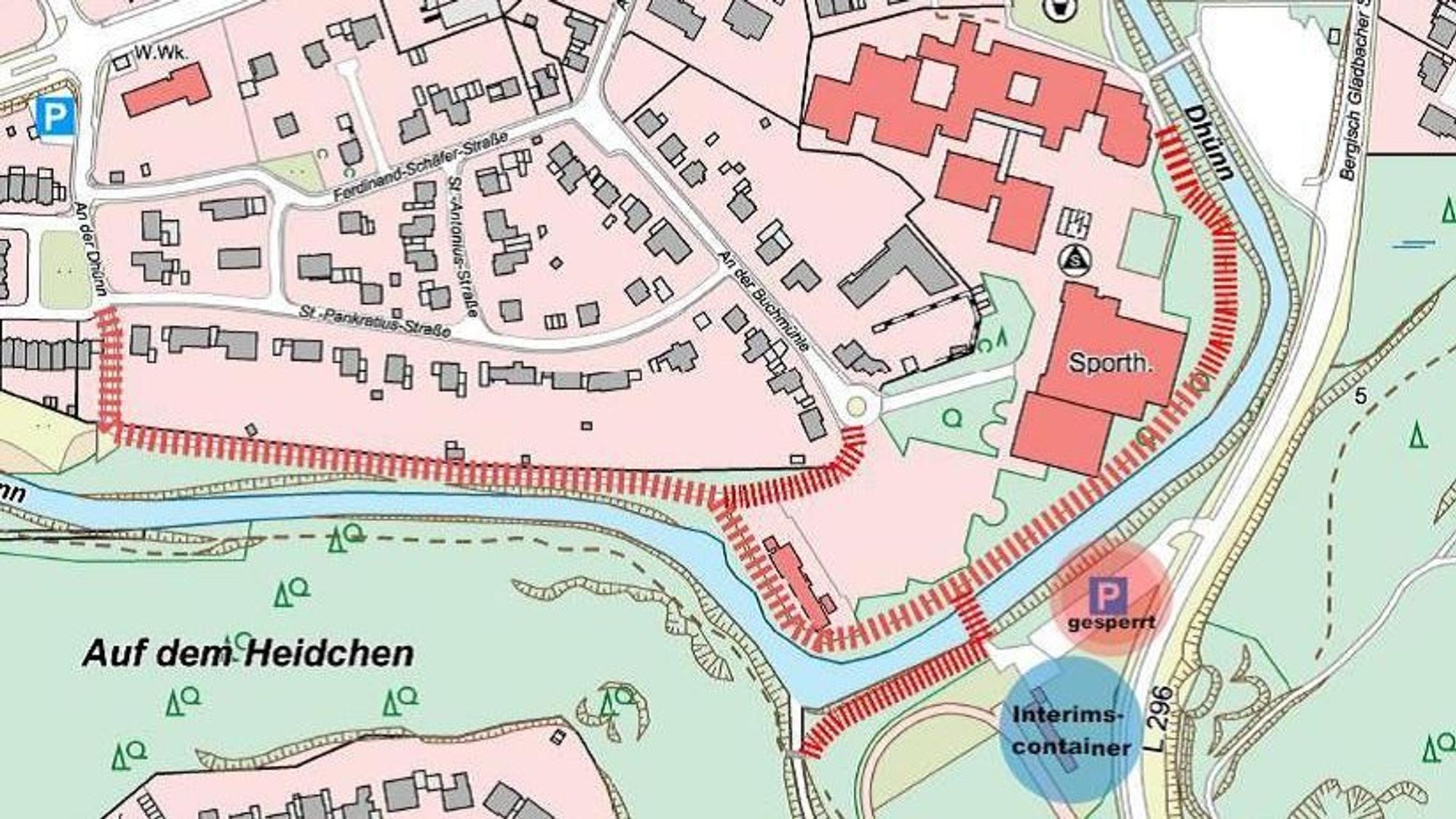 Ausschnitt aus einem Stadtplan für Odenthal mit gesperrten Straßen am Dhünntalstadion.