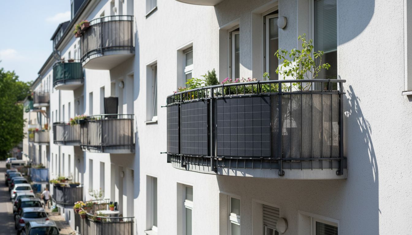 Flexible Solarmodule am geschwungenen Balkongeländer eines weißen Altbau-Mehrfamilienhauses in einer deutschen Stadtstraße, rahmenlose dunkle Panels, Topfpflanzen auf dem Balkon.