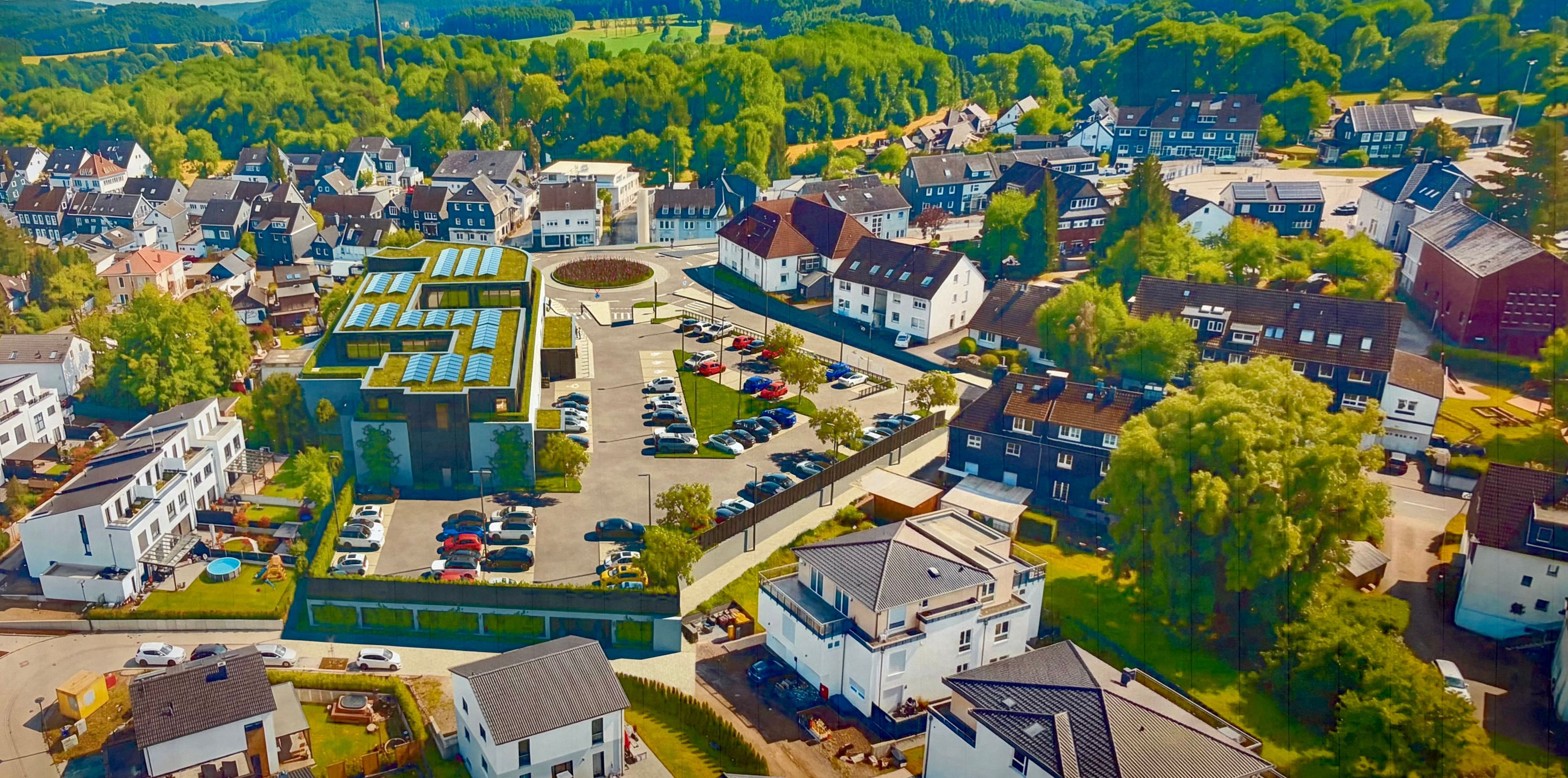 Perspektive auf die Rückseite des Lidl mit dem Sockel an der Rosendelle