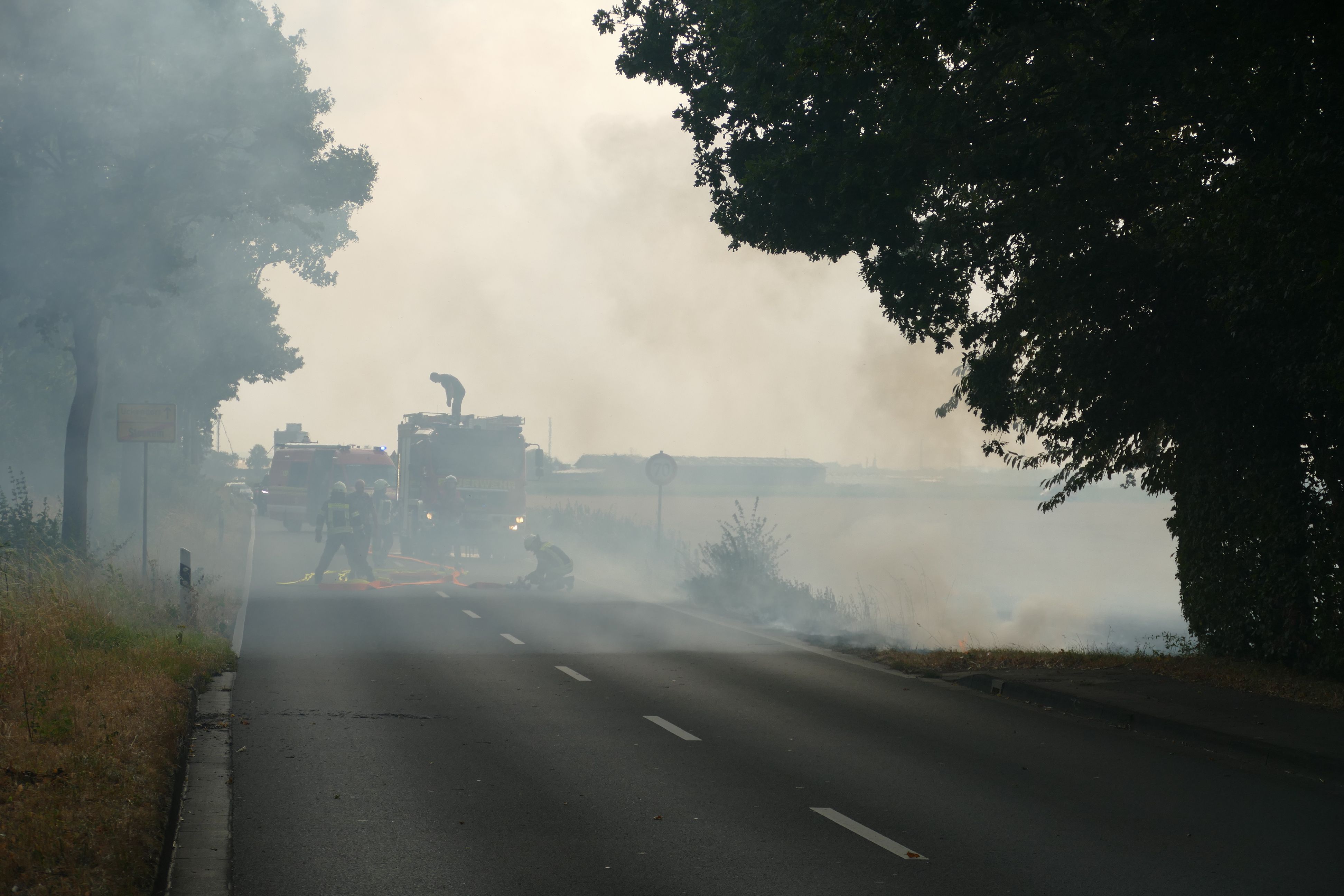 Brandrauch zieht über eine Landstraße, im Qualm sind Feuerwehrfahrzeuge erkennbar.