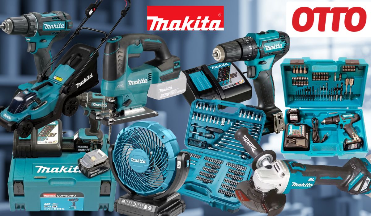 Collage verschiedener türkis-schwarzer Makita Werkzeuge und Zubehörsets (Akkubohrer, Schlagbohrmaschine, Stichsäge, Winkelschleifer, Bit- und Bohrer-Set, Akkus, Ladegerät sowie mehrere Makita Werkzeugkoffer) vor einem unscharfen industriellen Hintergrund. Rechts oben das rote OTTO-Logo, Mitte oben das Makita-Logo.