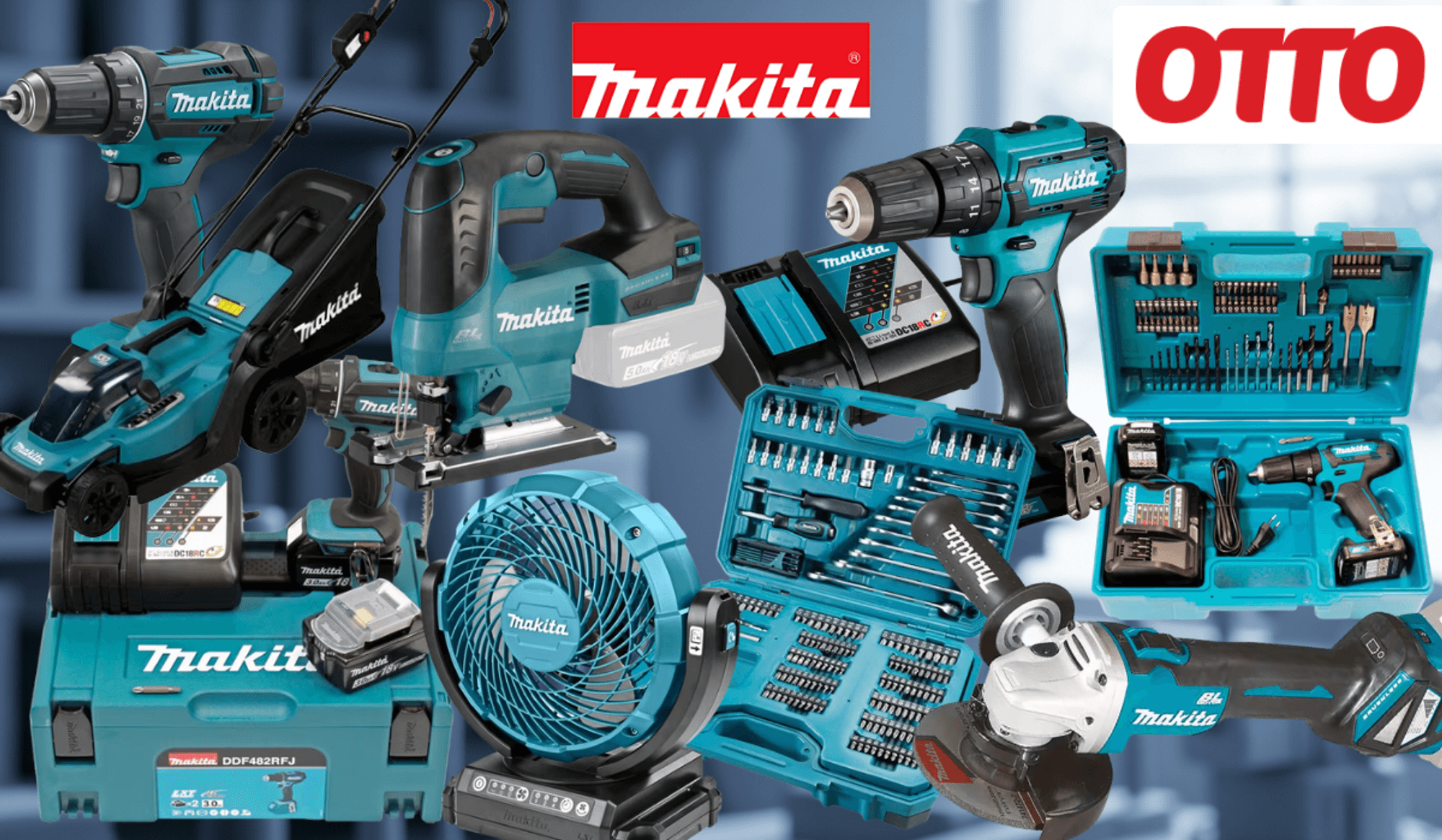 Collage verschiedener türkis-schwarzer Makita Werkzeuge und Zubehörsets (Akkubohrer, Schlagbohrmaschine, Stichsäge, Winkelschleifer, Bit- und Bohrer-Set, Akkus, Ladegerät sowie mehrere Makita Werkzeugkoffer) vor einem unscharfen industriellen Hintergrund. Rechts oben das rote OTTO-Logo, Mitte oben das Makita-Logo.