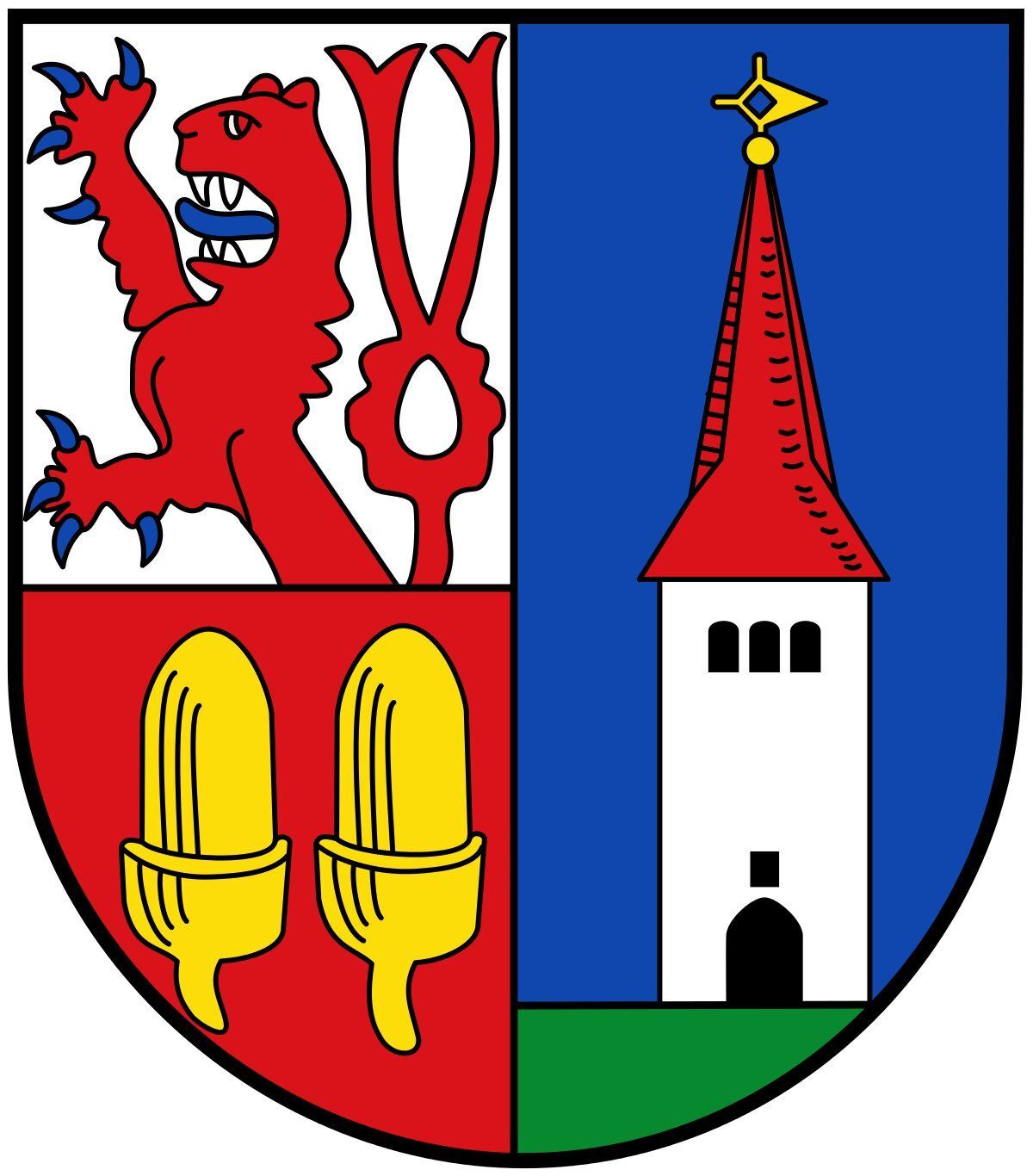 Das Wappen der Gemeinde Eitorf ist dreigeteilt: Links oben befindet sich ein Bergischer Löwe über einem Abschnitt mit zwei golenden Eicheln, rechts ist eine silberne Kirche abgebildet.