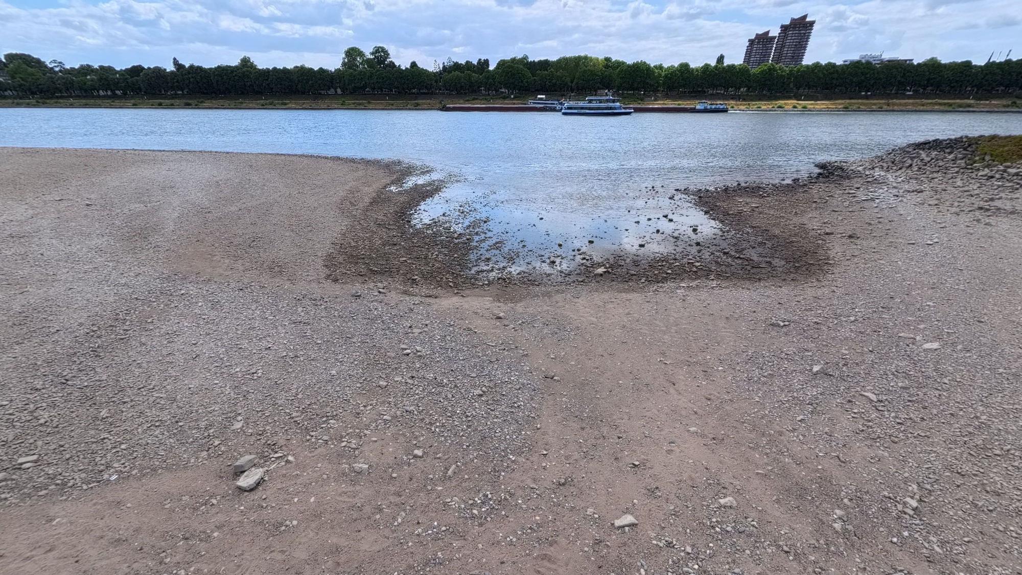 Bei extremem Niedrigwasser fährt ein Schiff über den Rhein in Köln.