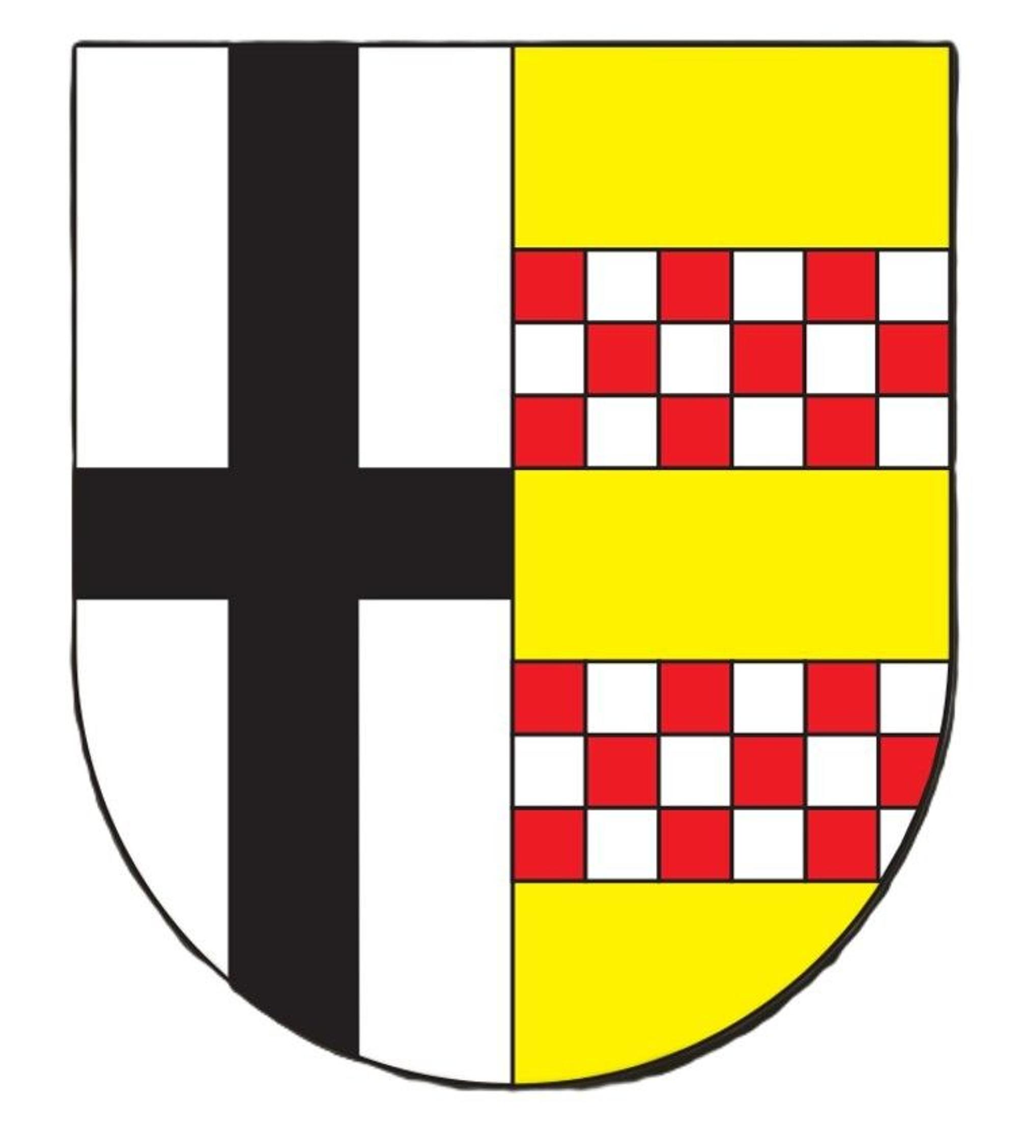 Das vertikal geteilte Wappen der Gemeinde Swisttal hat links ein Kurfürstenkreuz und rechts zwei Balken mit Schachbrettmustern.