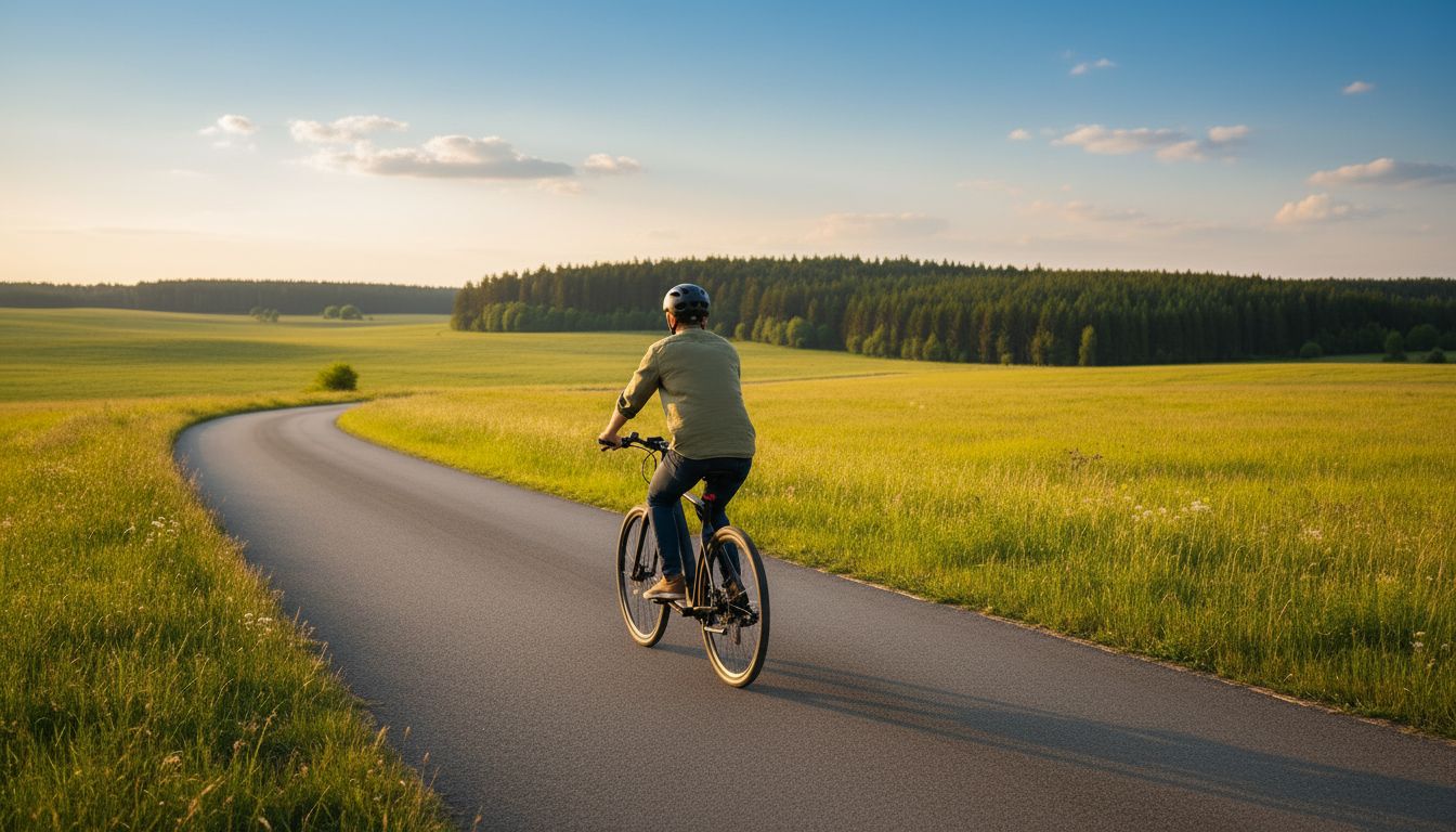 Person fährt ein modernes E-Bike auf einer Landstraße durch grüne Hügellandschaft bei strahlendem Nachmittagssonnenschein.