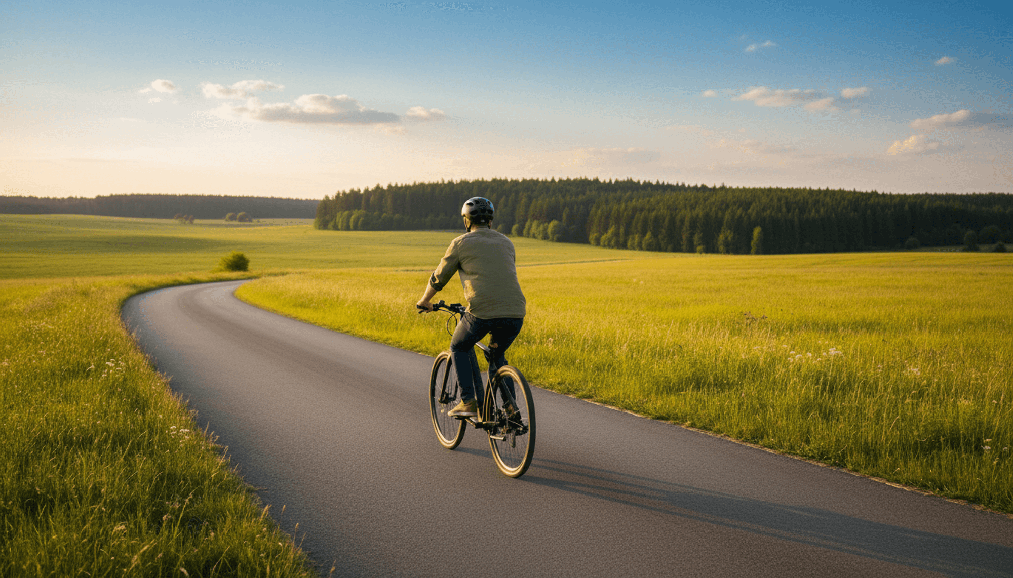 Person fährt ein modernes E-Bike auf einer Landstraße durch grüne Hügellandschaft bei strahlendem Nachmittagssonnenschein.