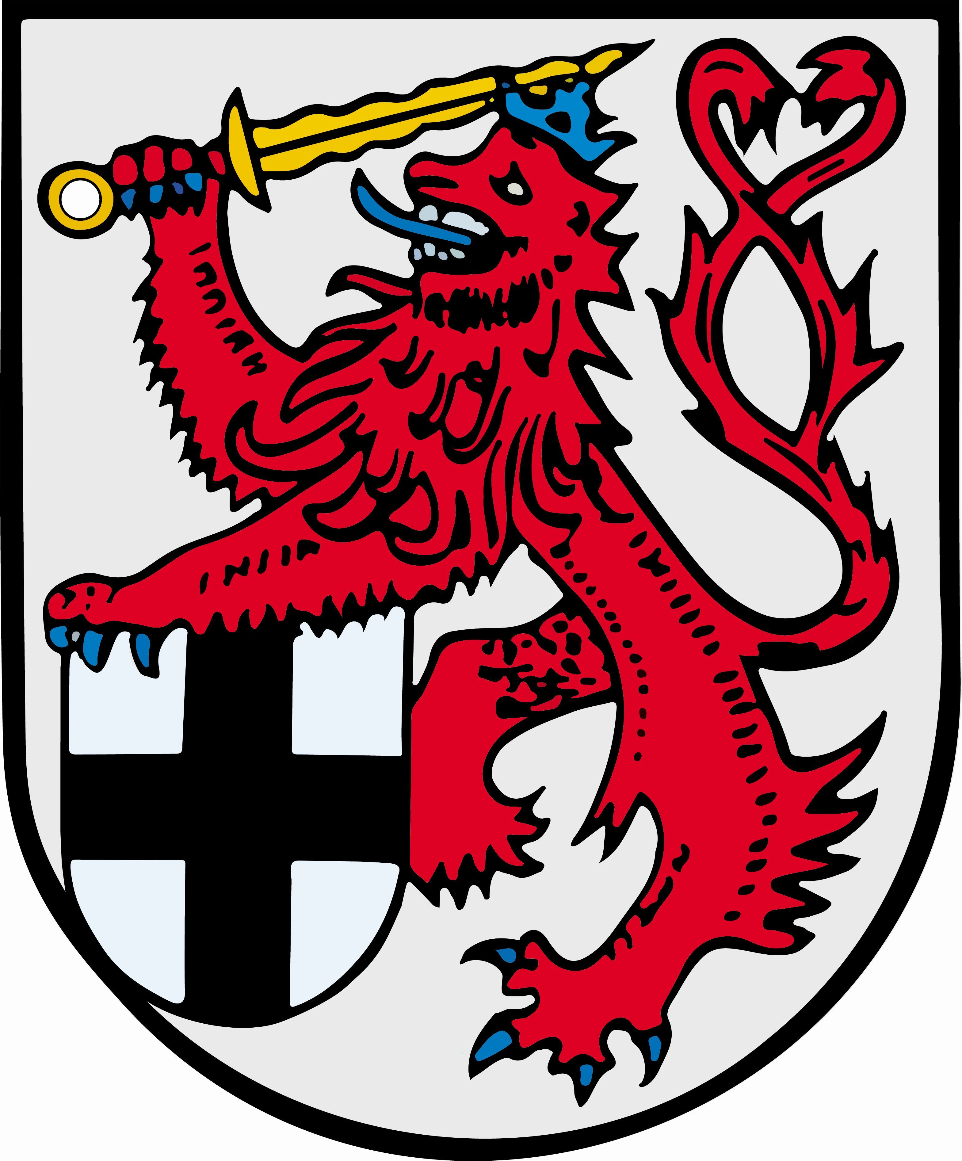 Auf dem Wappen des Rhein-Sieg-Kreises ist der Bergische Löwe zu sehen, der ein flammendes Schwert in einer Pranke hält.
