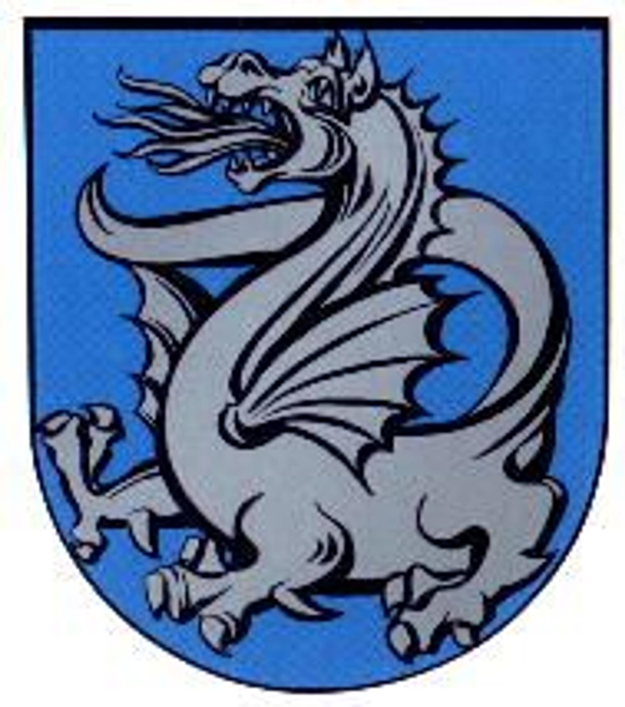 Ein silberner Drache spuckt auf dem Wappen der Gemeinde Wachtberg Feuer.