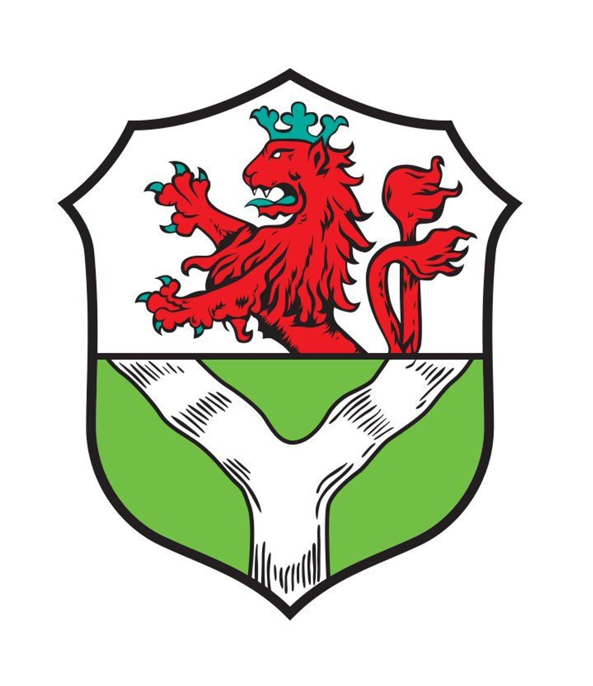 Beim zweigeteilten Wappen der Stadt Lohmar befindet sich oben ein Bergischer Löwe und unten eine Y-förmige Auslassung.