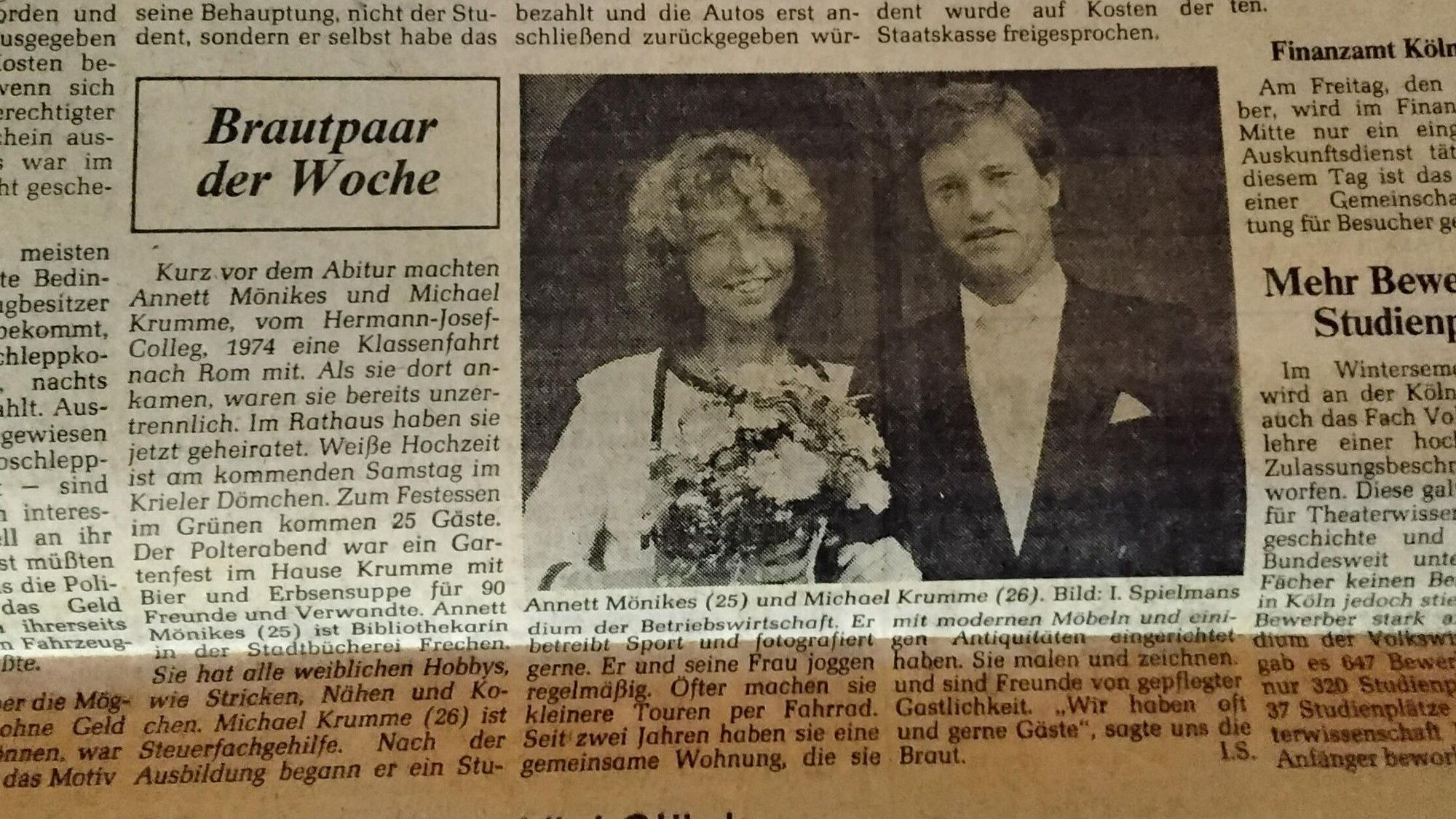Zum „Brautpaar der Woche“ wurden Annette und Michael Krumme 1982.