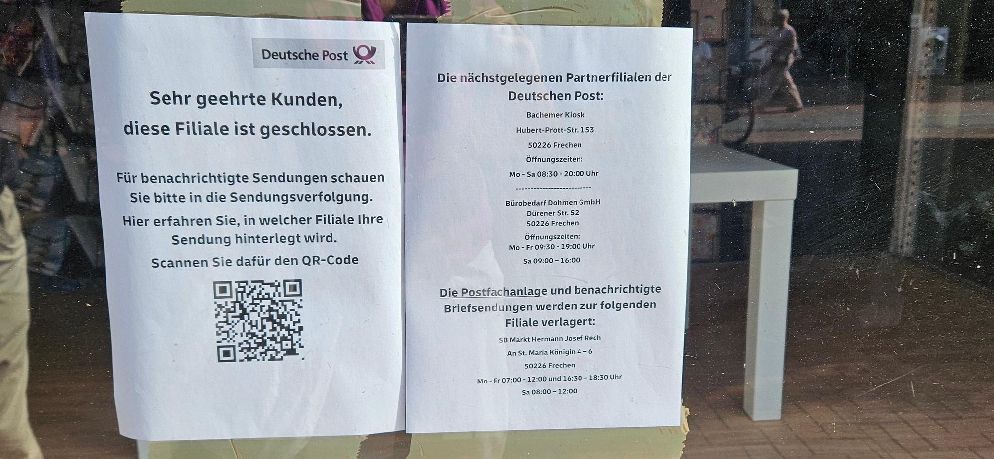 Die Postfiliale in der Frechener Fußgängerzone ist seit vergangener Woche geschlossen – offenbar ohne vorherige Ankündigung.