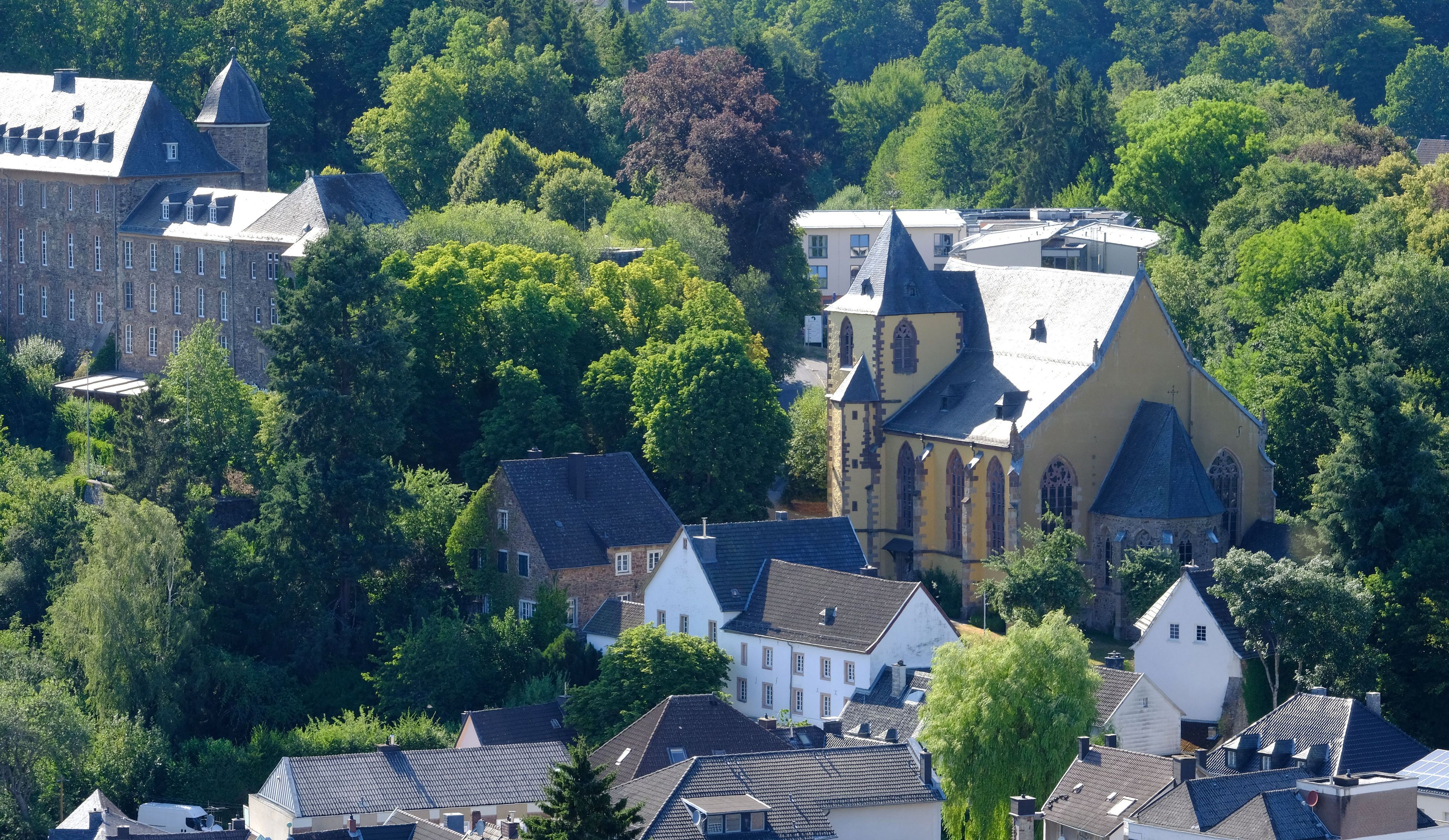 Die Schleidener Schlosskirche und das benachbarte Schloss, vom Ruppenberg aus gesehen.