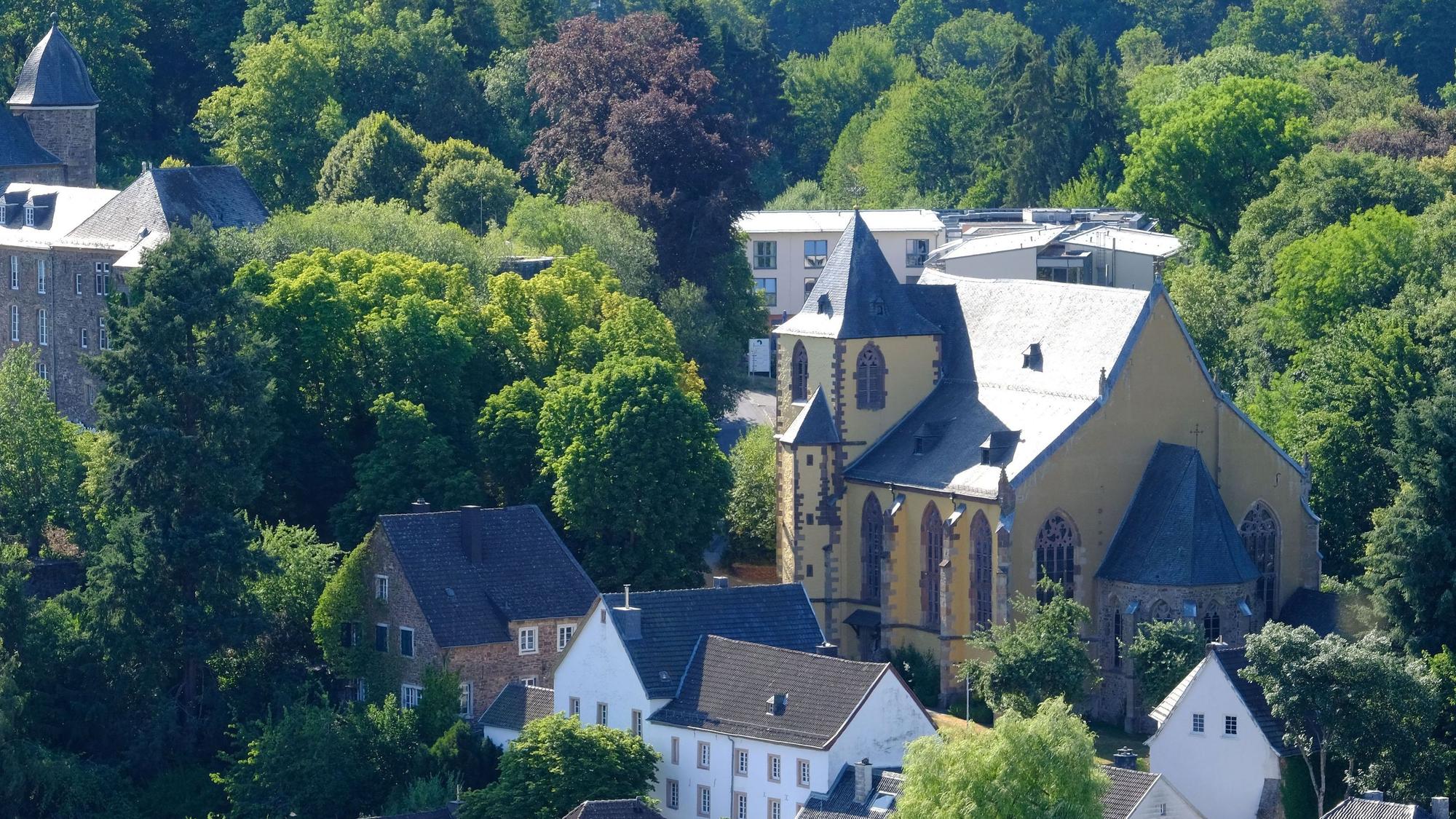 Die Schleidener Schlosskirche und das benachbarte Schloss, vom Ruppenberg aus gesehen.