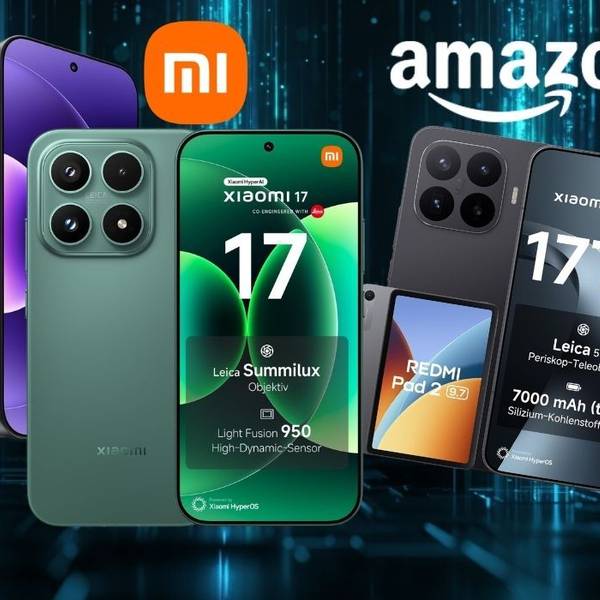 Xiaomi 17 und Xiaomi 17T Pro Smartphones mit Amazon-Logo vor dunklem, digitalem Hintergrund; zusätzlich ein Redmi Pad 2 Tablet im Bild.