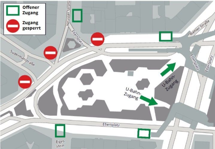 Übersicht über die Zugänge am Ebertplatz