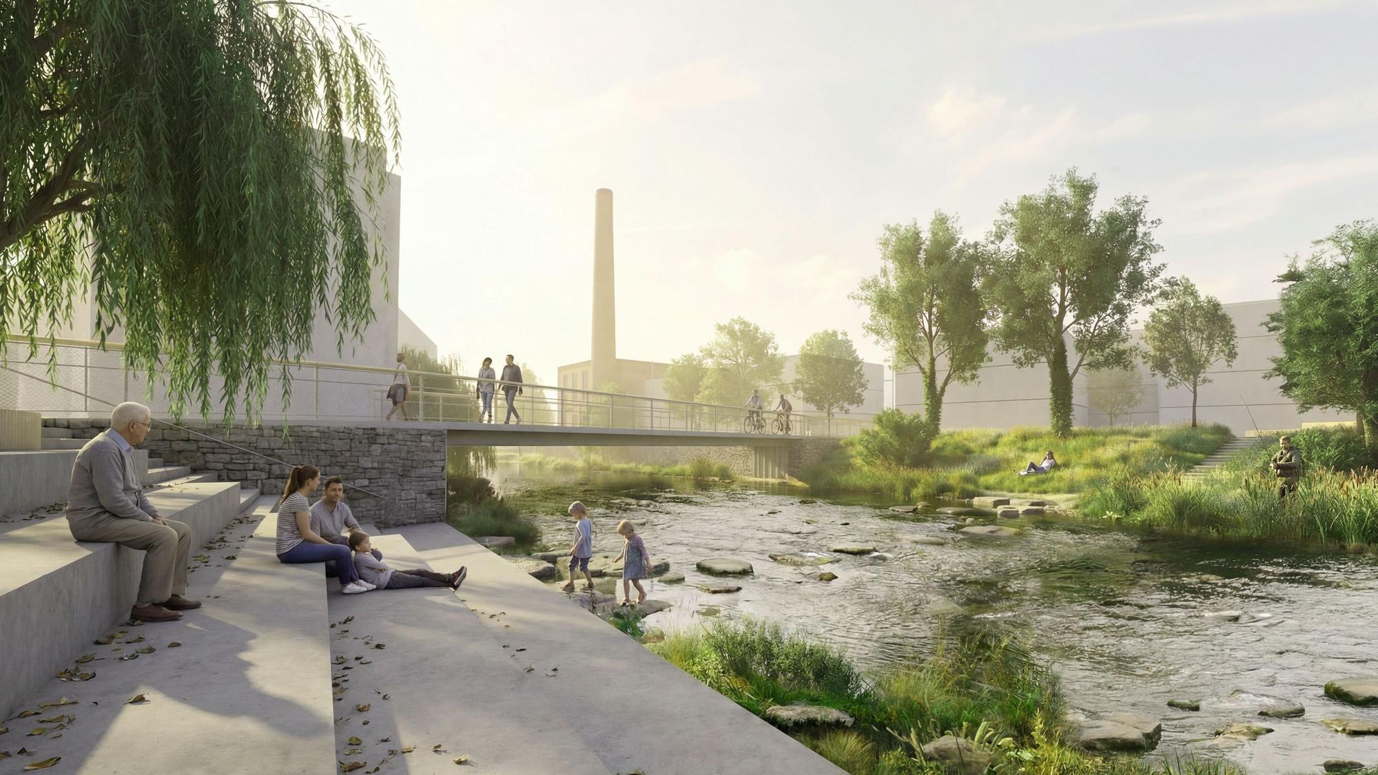 Die Grafik zeigt das umgestaltete Wupperufer mit einer neuen Brücke.