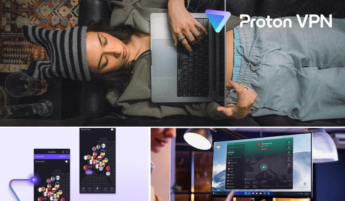 Proton VPN: Nutzerin mit Laptop, App-Übersicht am Monitor mit Serverstandort Schweiz sowie Smartphone-Screenshots der Proton VPN Länderauswahl und Secure-Core-Funktion