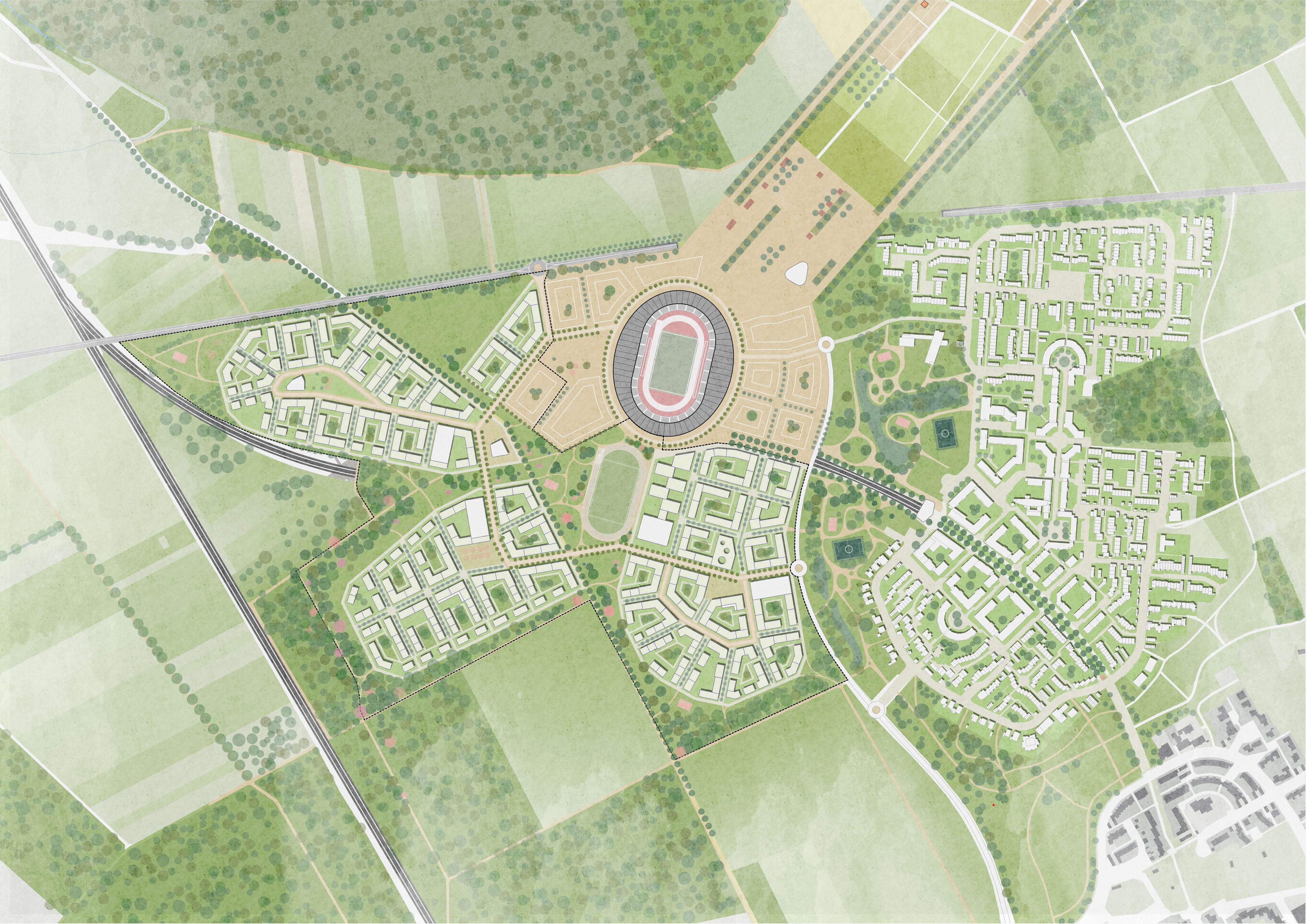 Der geplante Kölner Stadtteil Kreuzfeld mit Olympiastadion, Aufwärmplatz und Olympischem und Paralympischem Dorf, oben begrenzt der Blumenbergsweg das Areal.