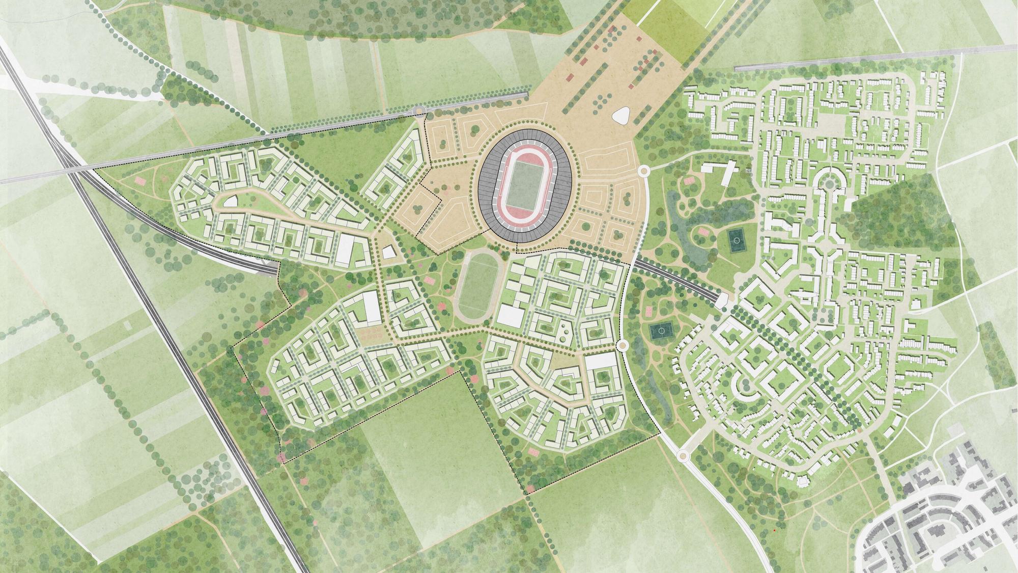 Der geplante Kölner Stadtteil Kreuzfeld mit Olympiastadion, Aufwärmplatz und Olympischem und Paralympischem Dorf, oben begrenzt der Blumenbergsweg das Areal.