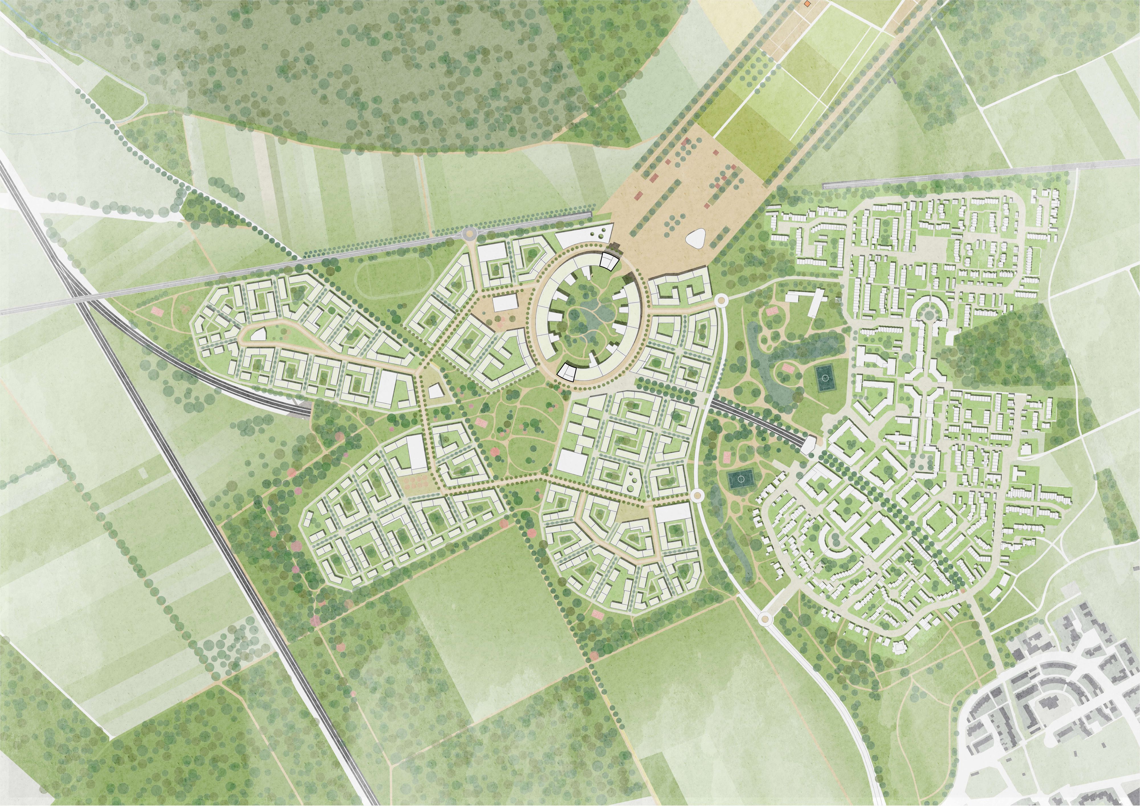 Der geplante Kölner Stadtteil Kreuzfeld nach dem Rückbau des Olympiastadions, die Wohnbebauung ist näher an den Stadion-Nukleus des Viertels herangerückt.