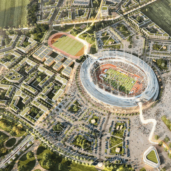 Die Visualisierung eines Stadions mit umliegender Bebauung.