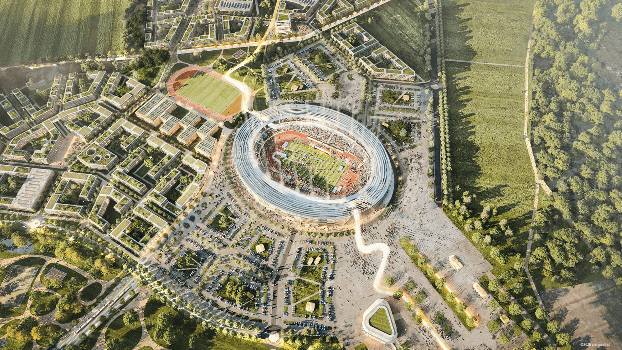 Die Visualisierung eines Stadions mit umliegender Bebauung.