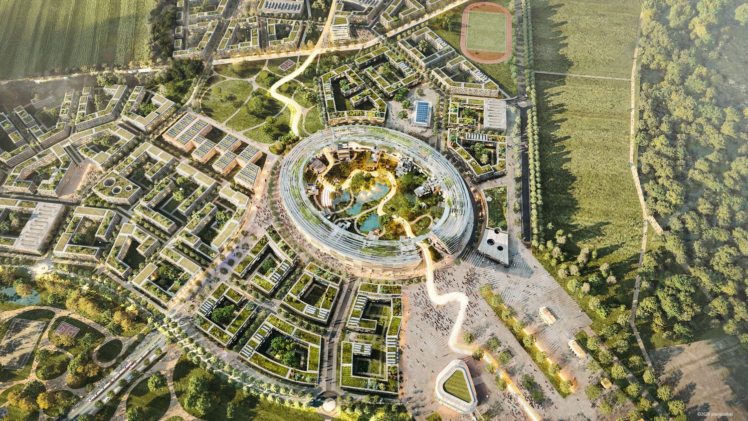 So soll der Kölner Stadtteil Kreuzfeld nach dem Rückbau des Olympiastadions aussehen, der Aufwärmplatz ist zur „Grünen Mitte“ des Viertels, der Stadion-Innenraum zu einem Park geworden.