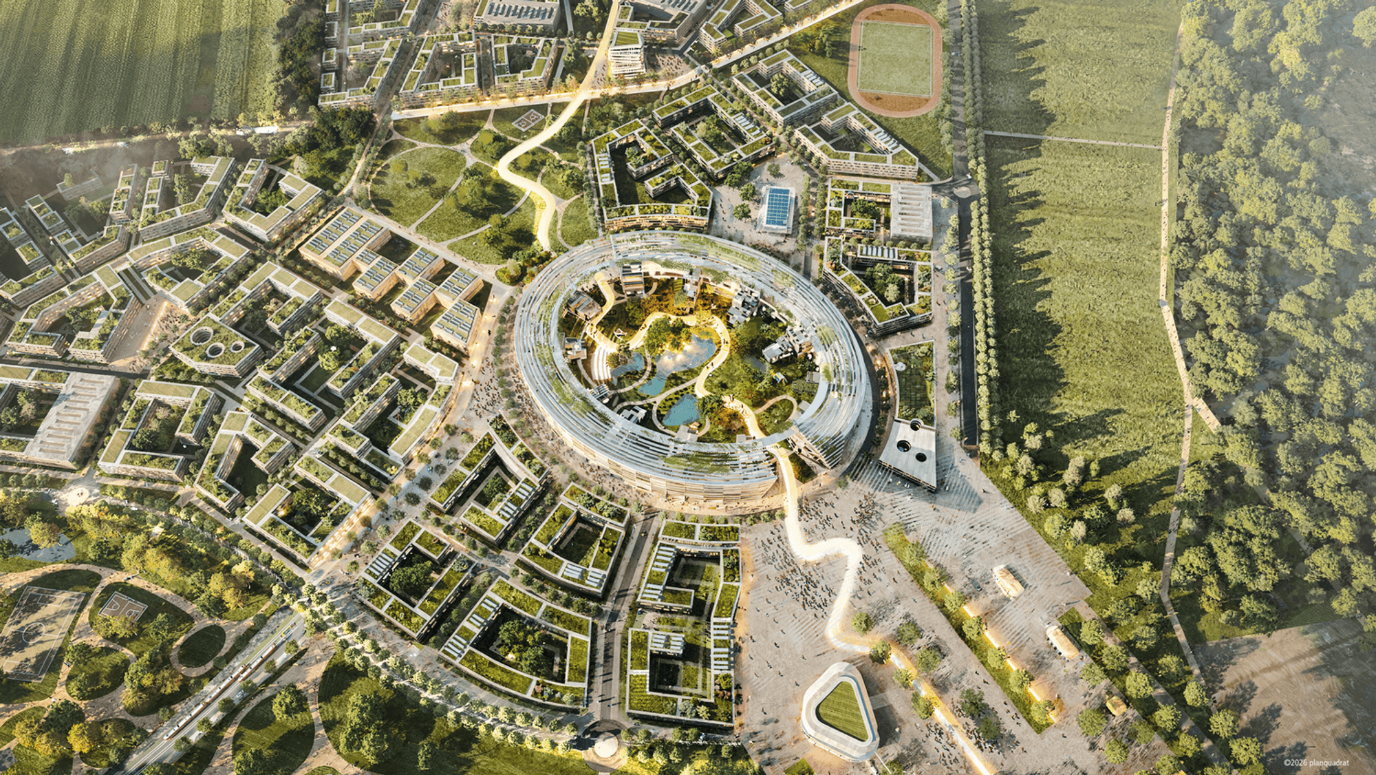 So könnte das Kölner Leichtathletikstadion nach seiner Nutzung bei Olympischen Spielen den neuen Stadtteil Kreuzfeld prägen.