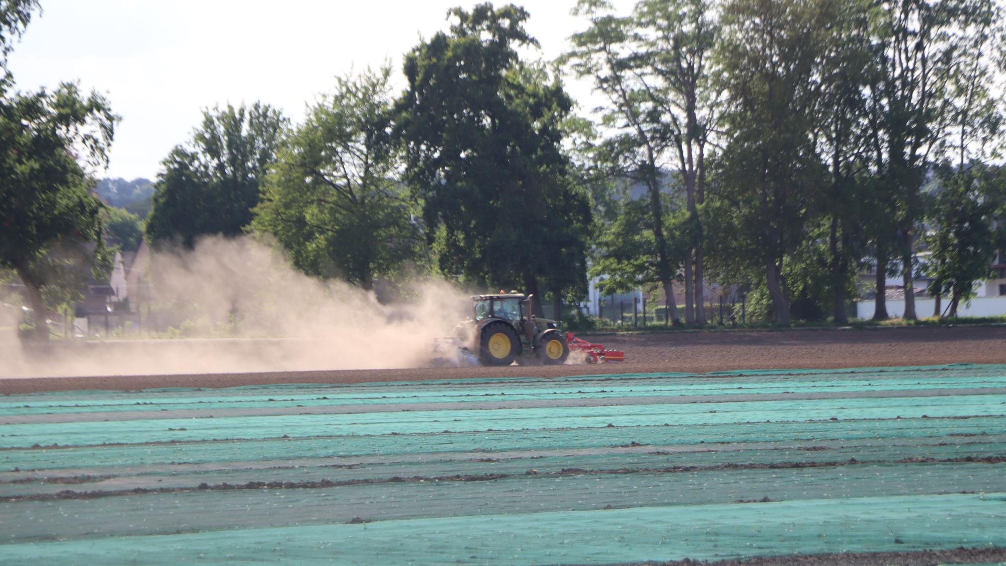 Ein Traktor bewirtschaftet ein Feld und wirbelt Staub auf.