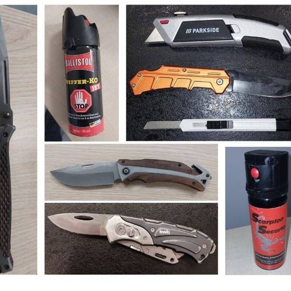 Unter den sichergestellten Gegenständen befanden sich Reizstoffsprühgeräte, Messer und ein Nothammer.