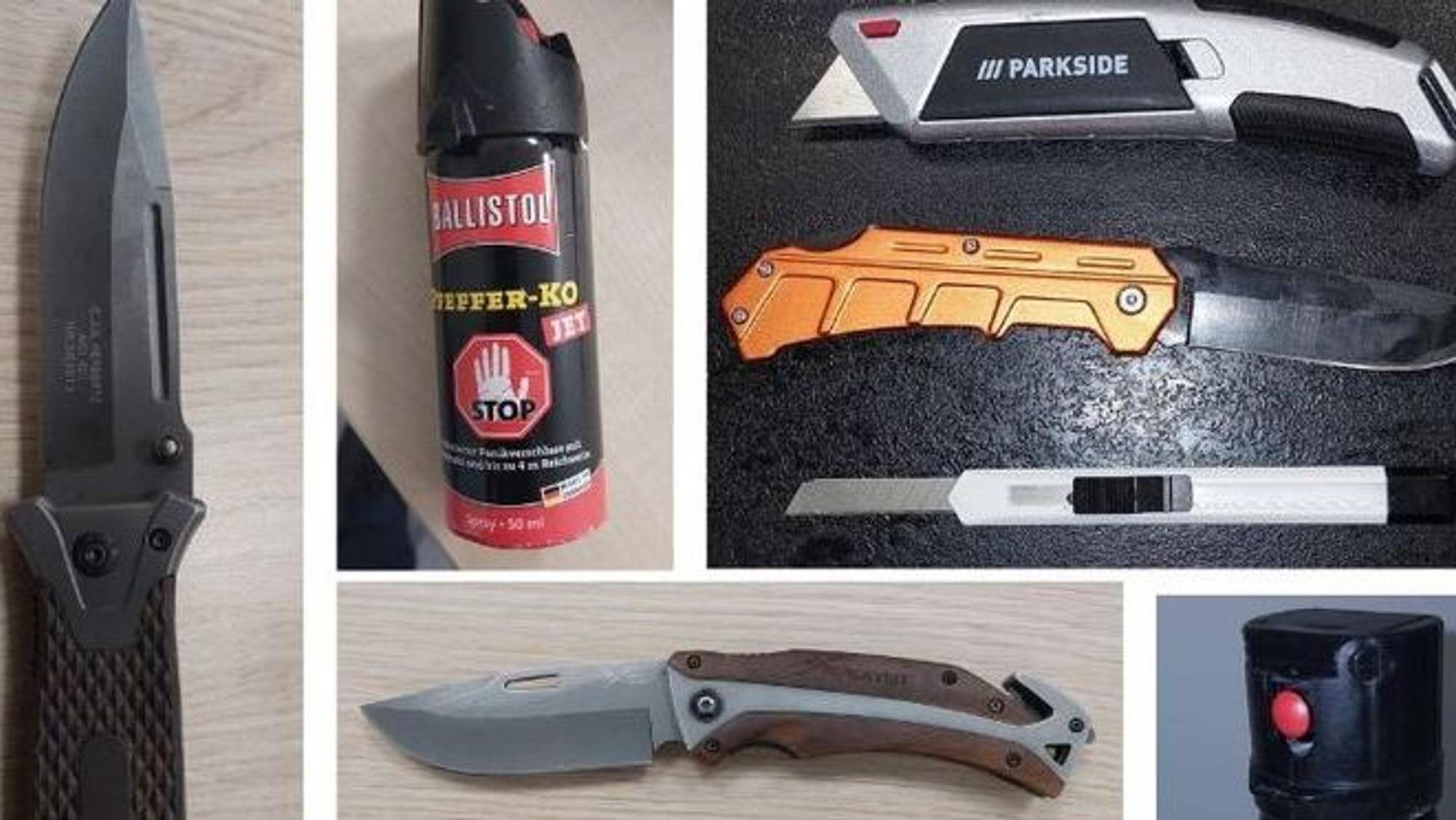 Unter den sichergestellten Gegenständen befanden sich Reizstoffsprühgeräte, Messer und ein Nothammer.