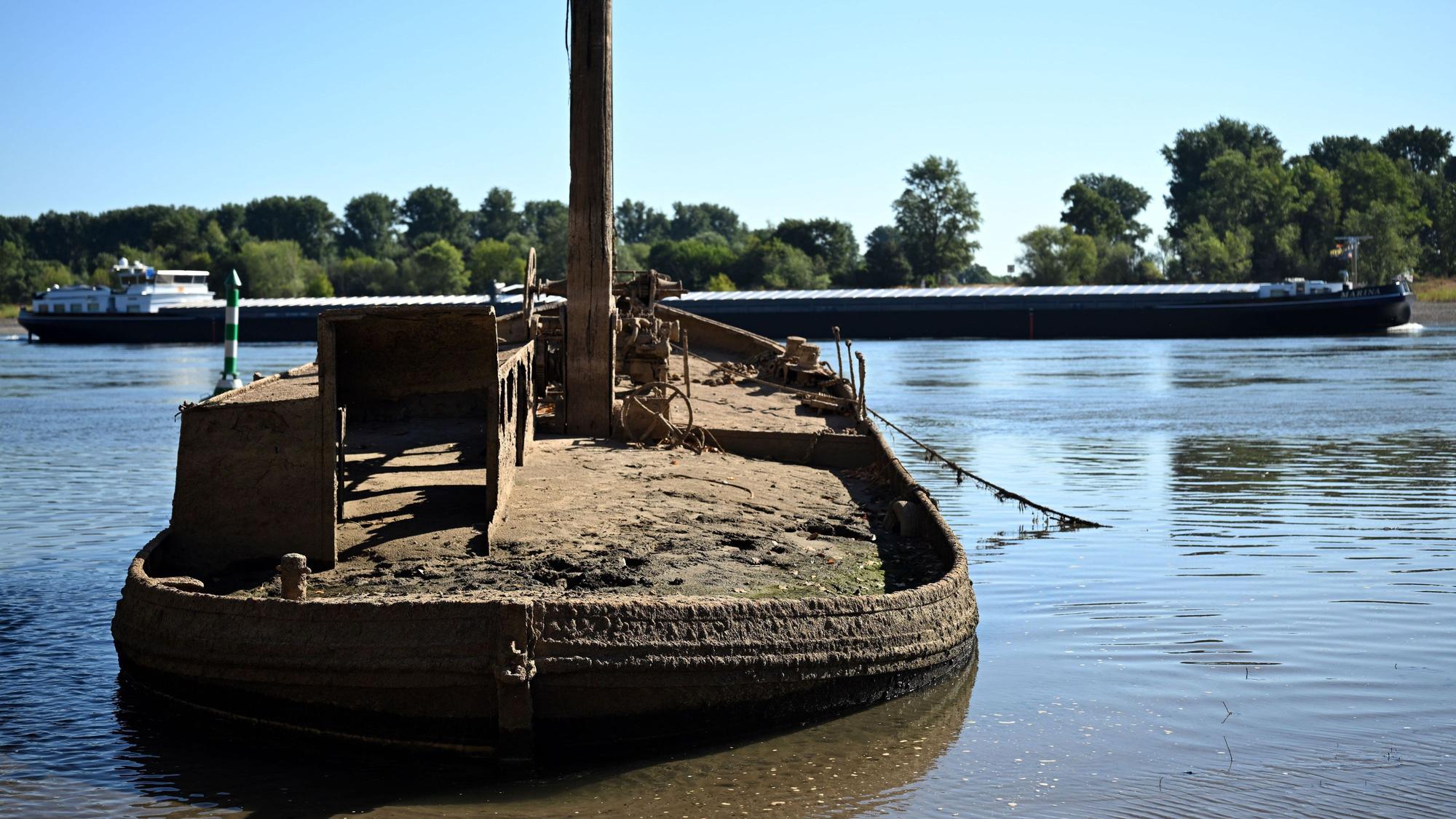 Ein Schiffswrack ist am Rhein zu sehen.