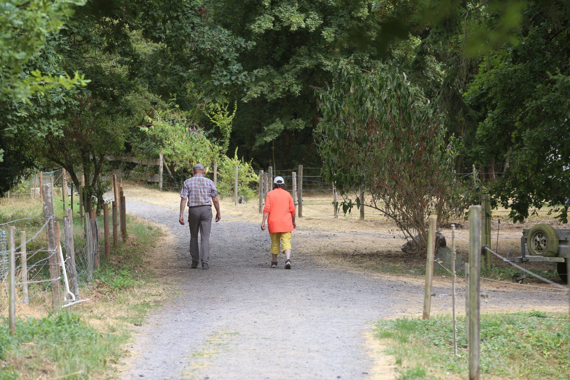 Zwei Spaziergänger auf einem Feldweg.