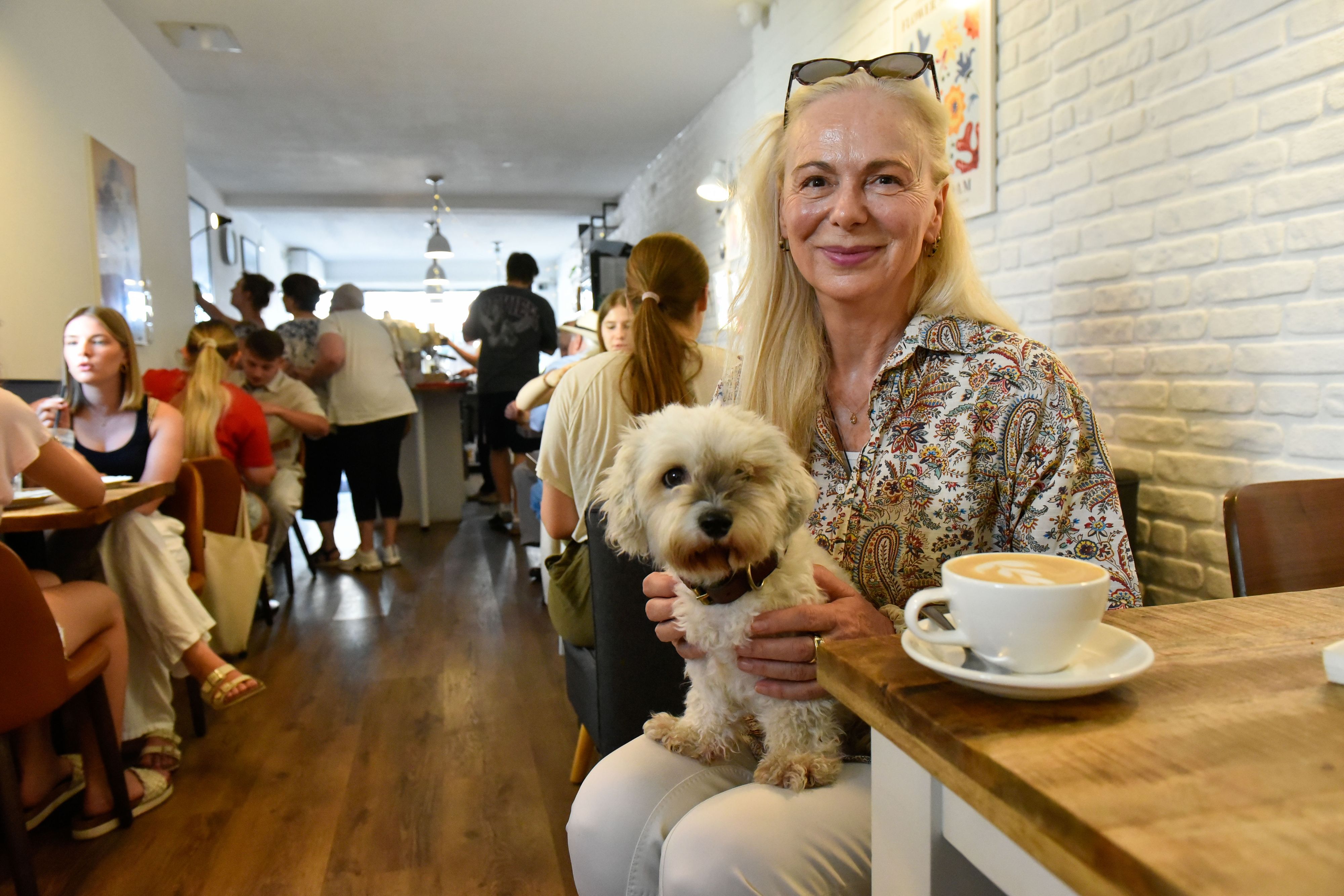 Eine Frau sitzt in einem Café, auf ihrem Schoß ein kleiner Hund.